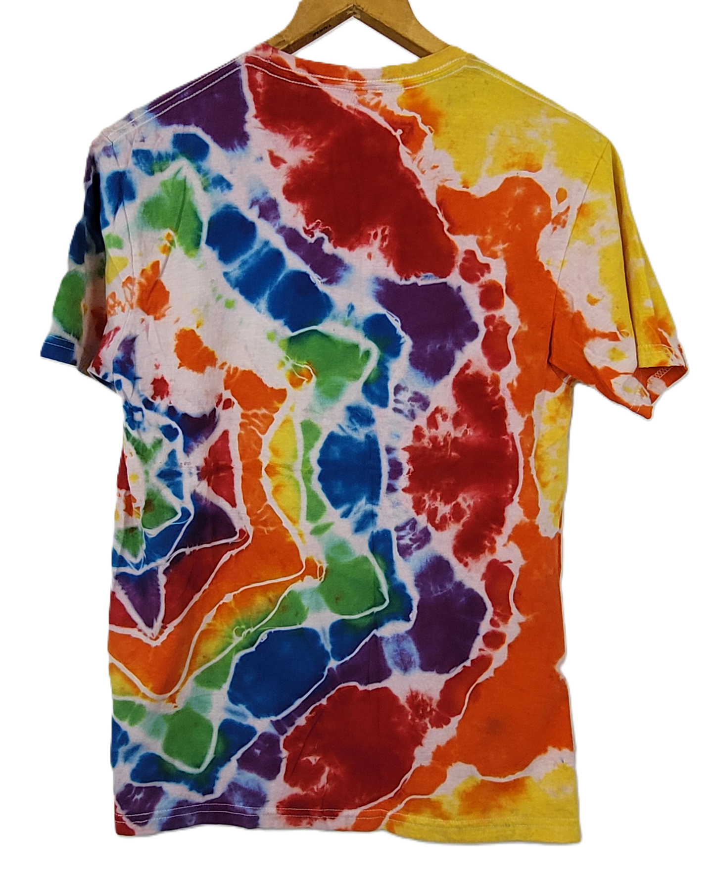 Colorful tie-dye t-shirt on a hanger against a white background