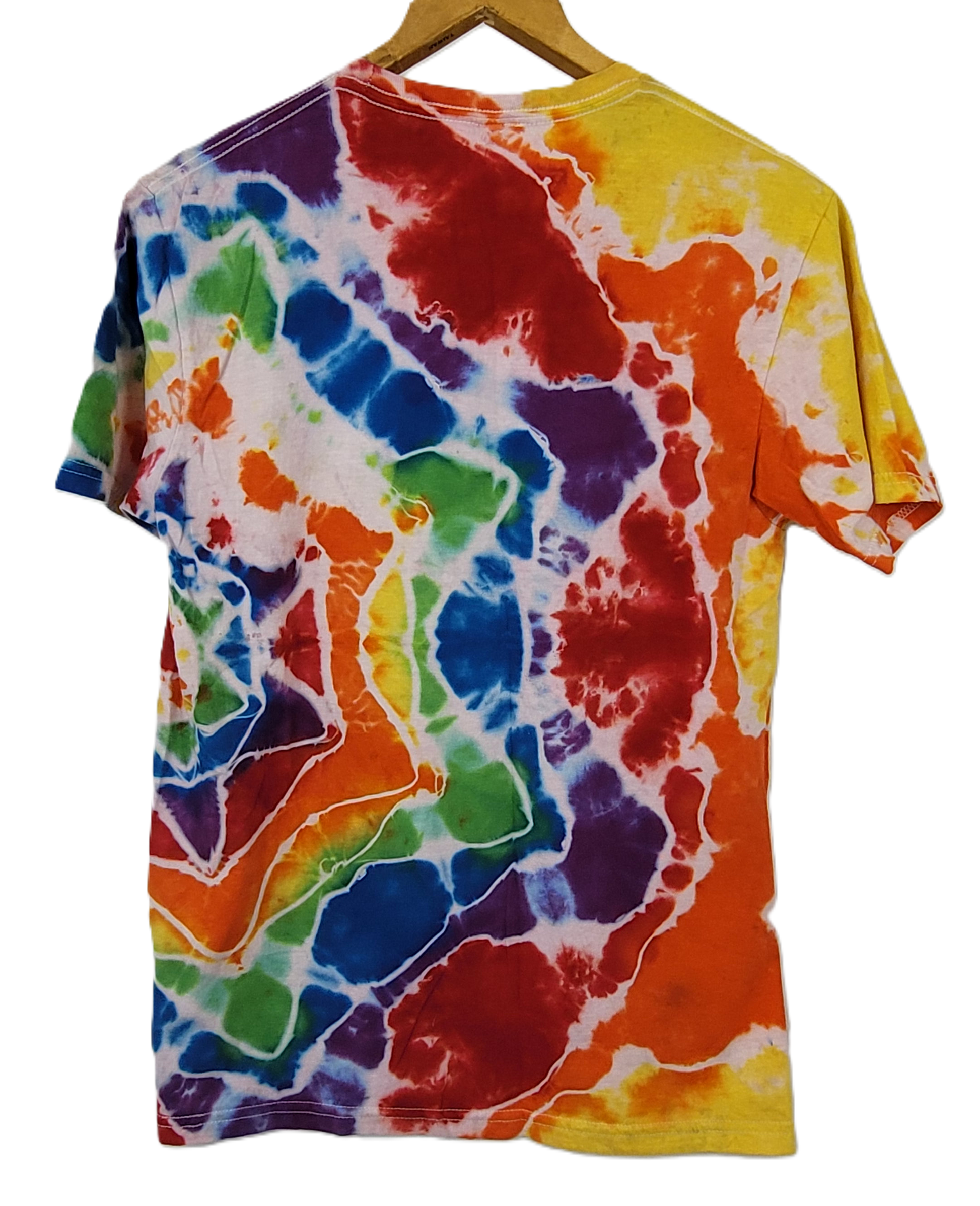 Colorful tie-dye t-shirt on a hanger against a white background