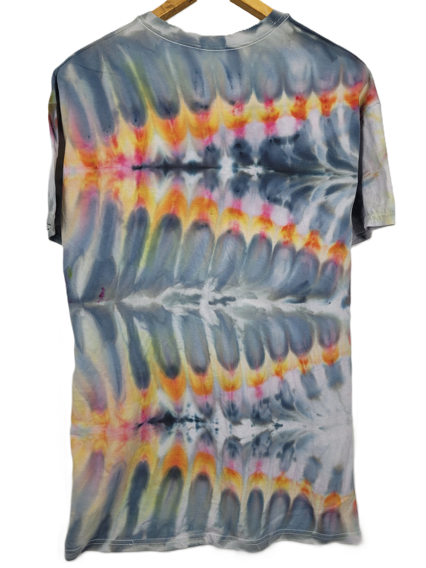Tie-dye t-shirt with multicolor pattern on a white background