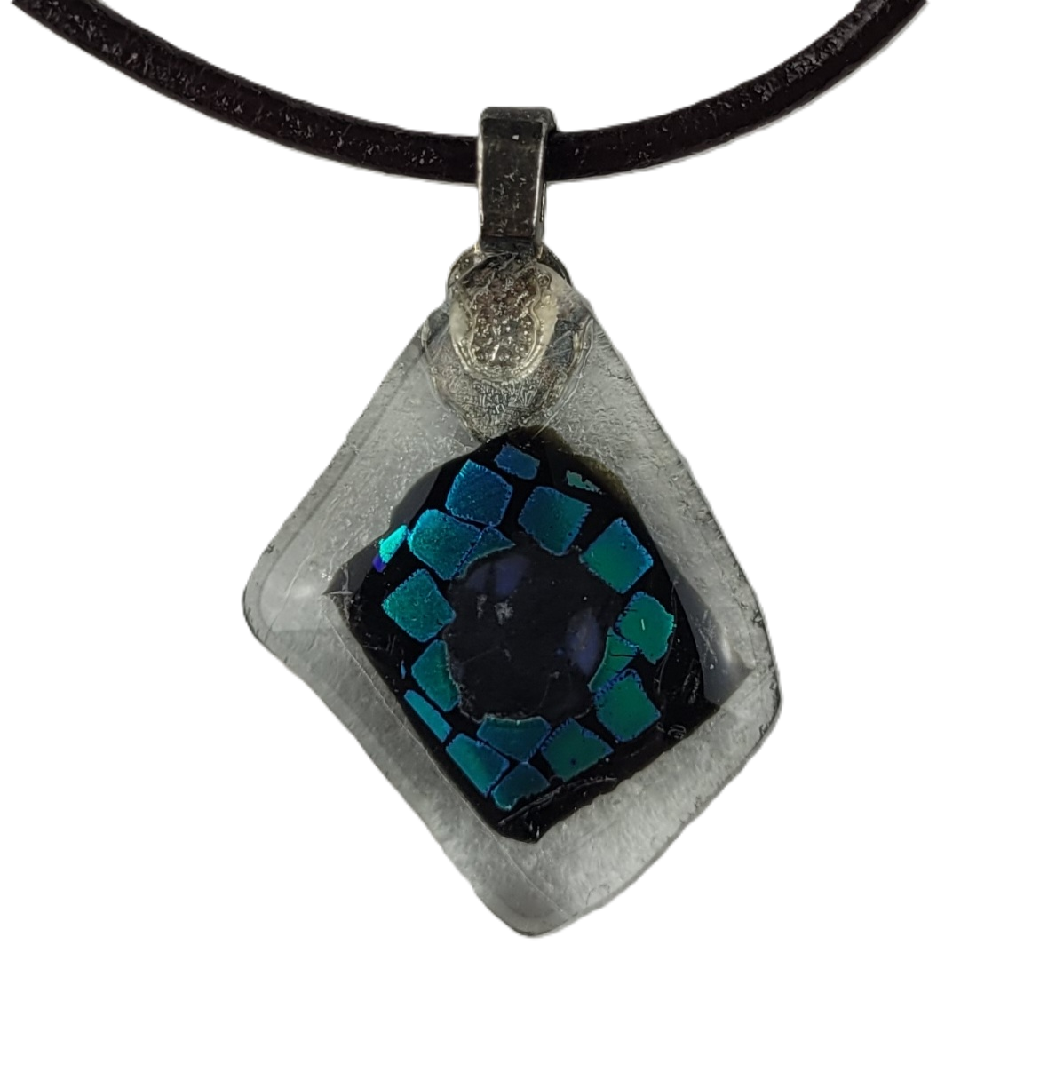 Necklace with a square pendant featuring a blue mosaic design on a white background