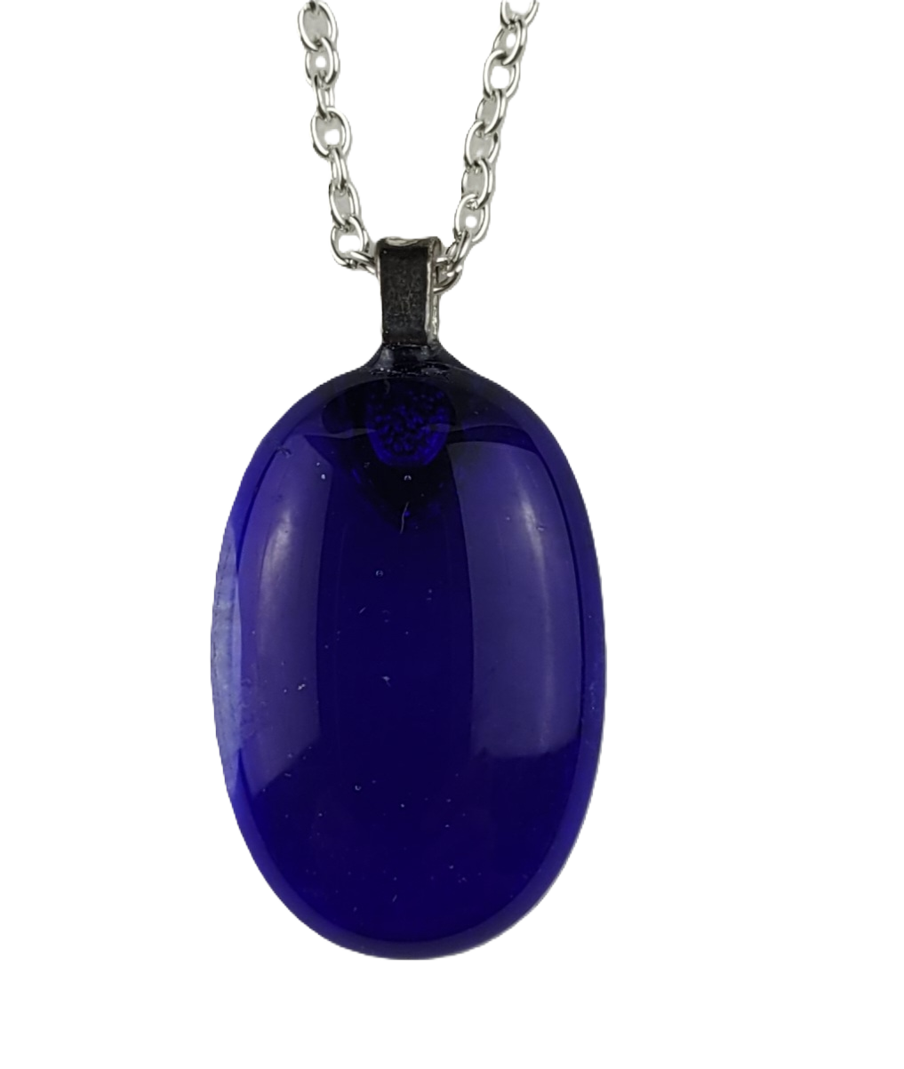 Blue pendant on a silver chain against a white background