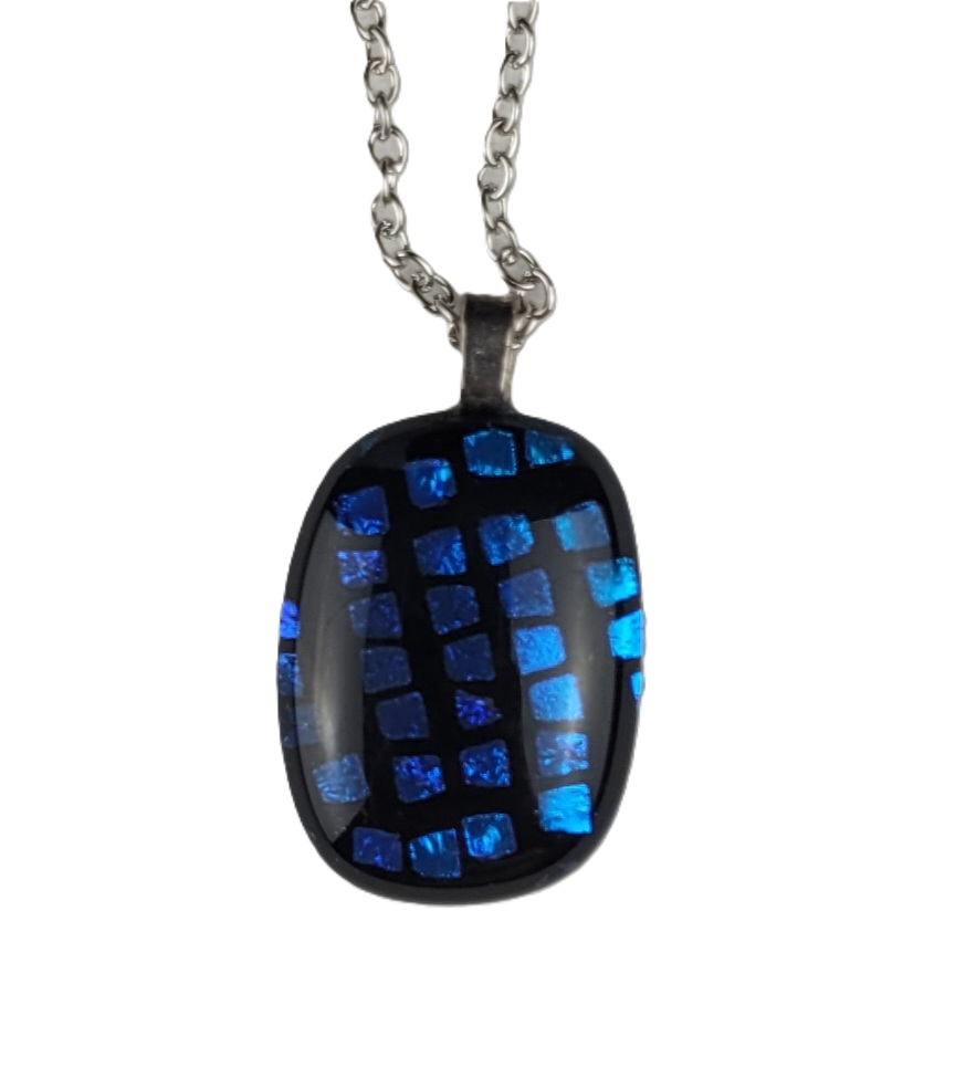 Necklace with a blue and black checkered pendant on a white background