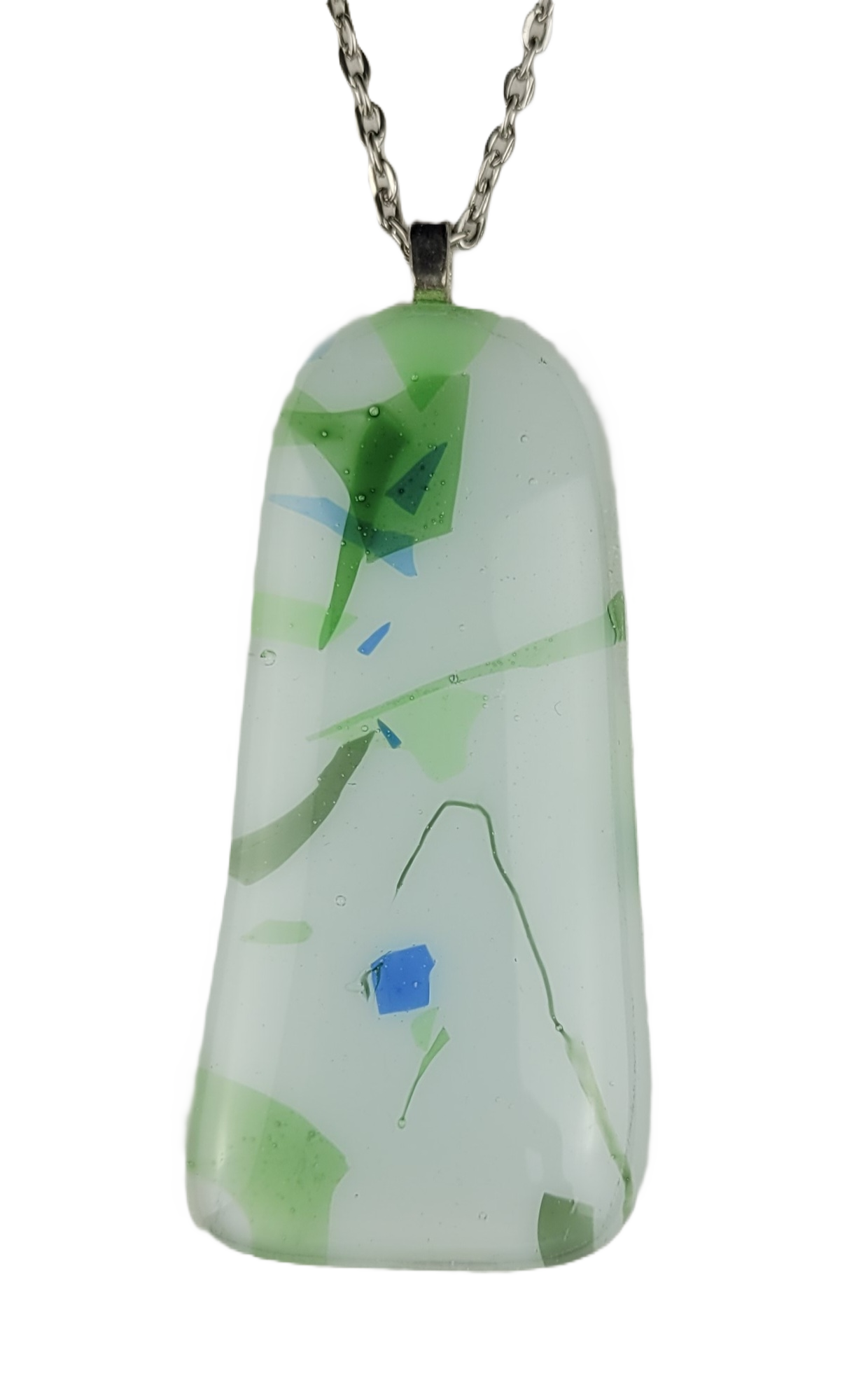 Glass pendant with green and blue abstract design on a white background