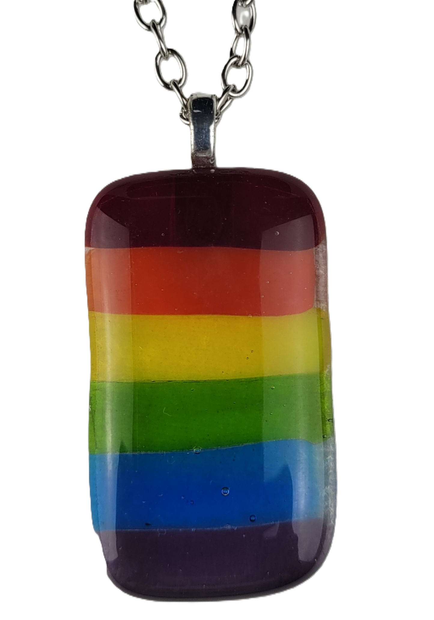 Rainbow striped pendant on a chain against a white background