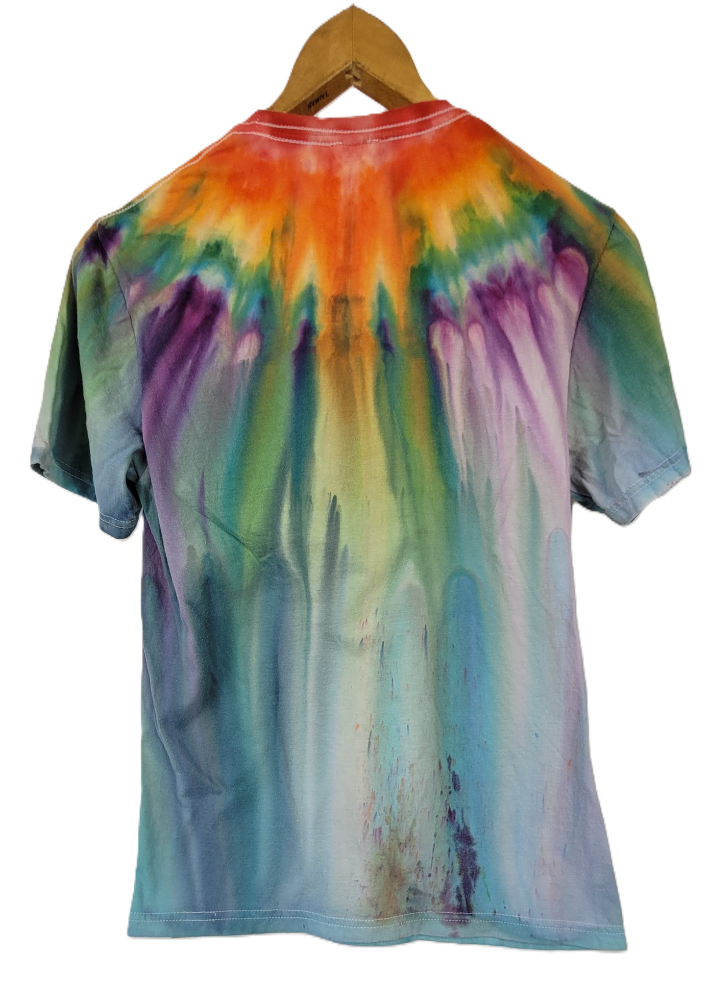 Tie-dye t-shirt on a hanger with a white background