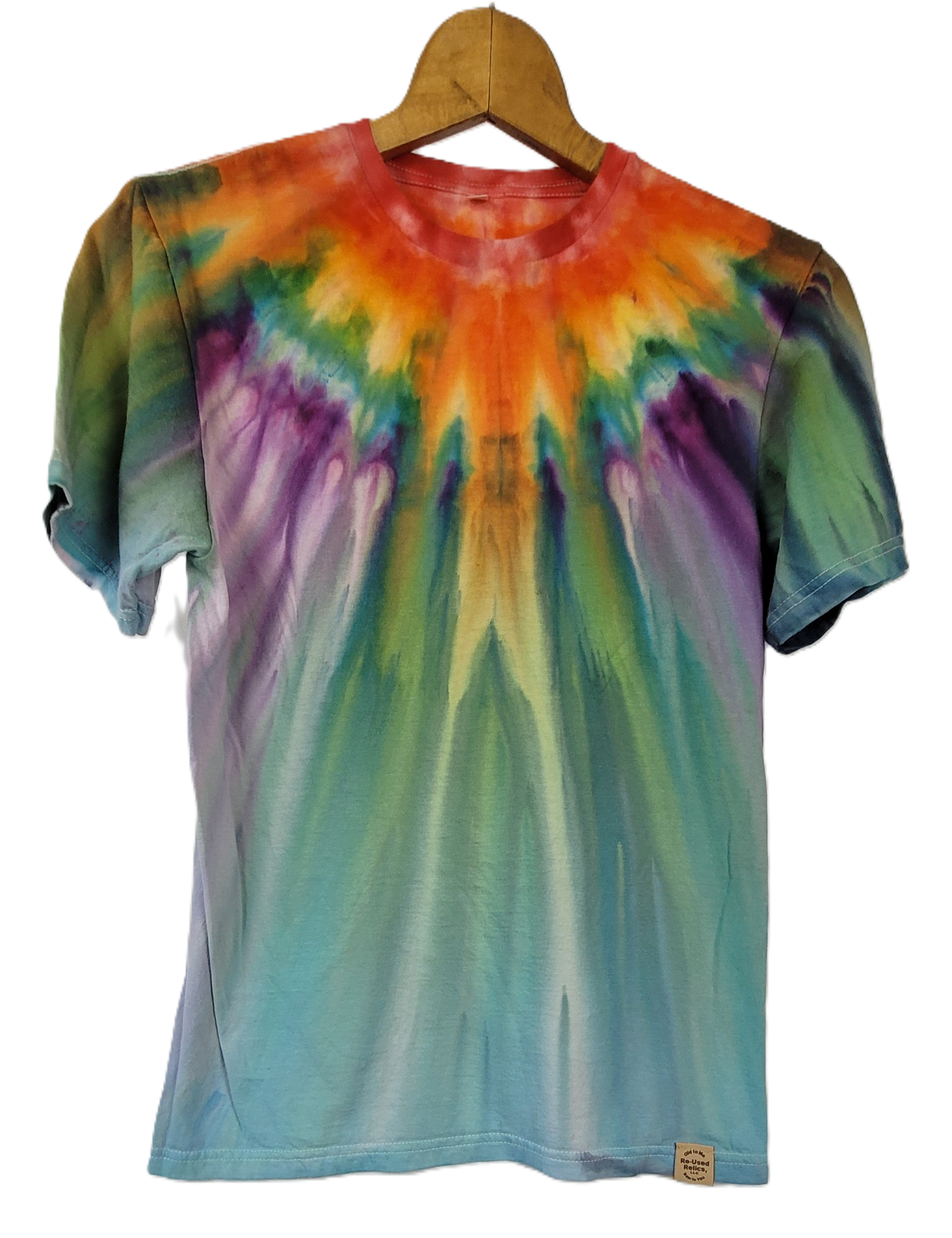 Colorful tie-dye t-shirt on a wooden hanger against a white background