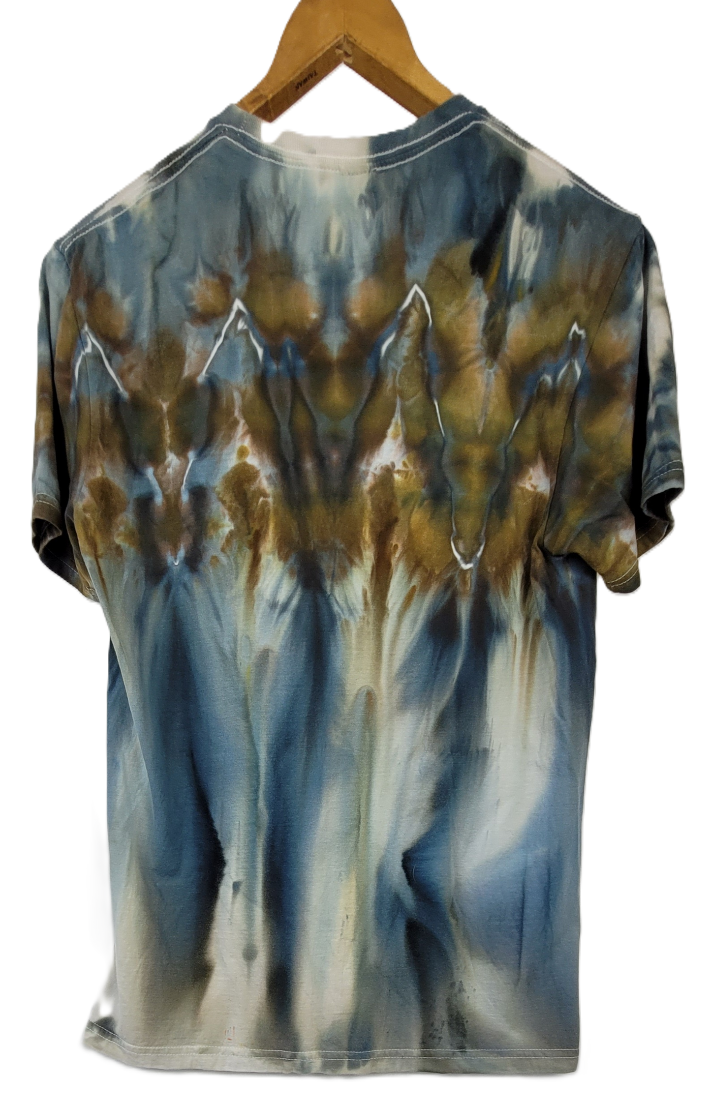 Tie-dye t-shirt on a wooden hanger with a white background
