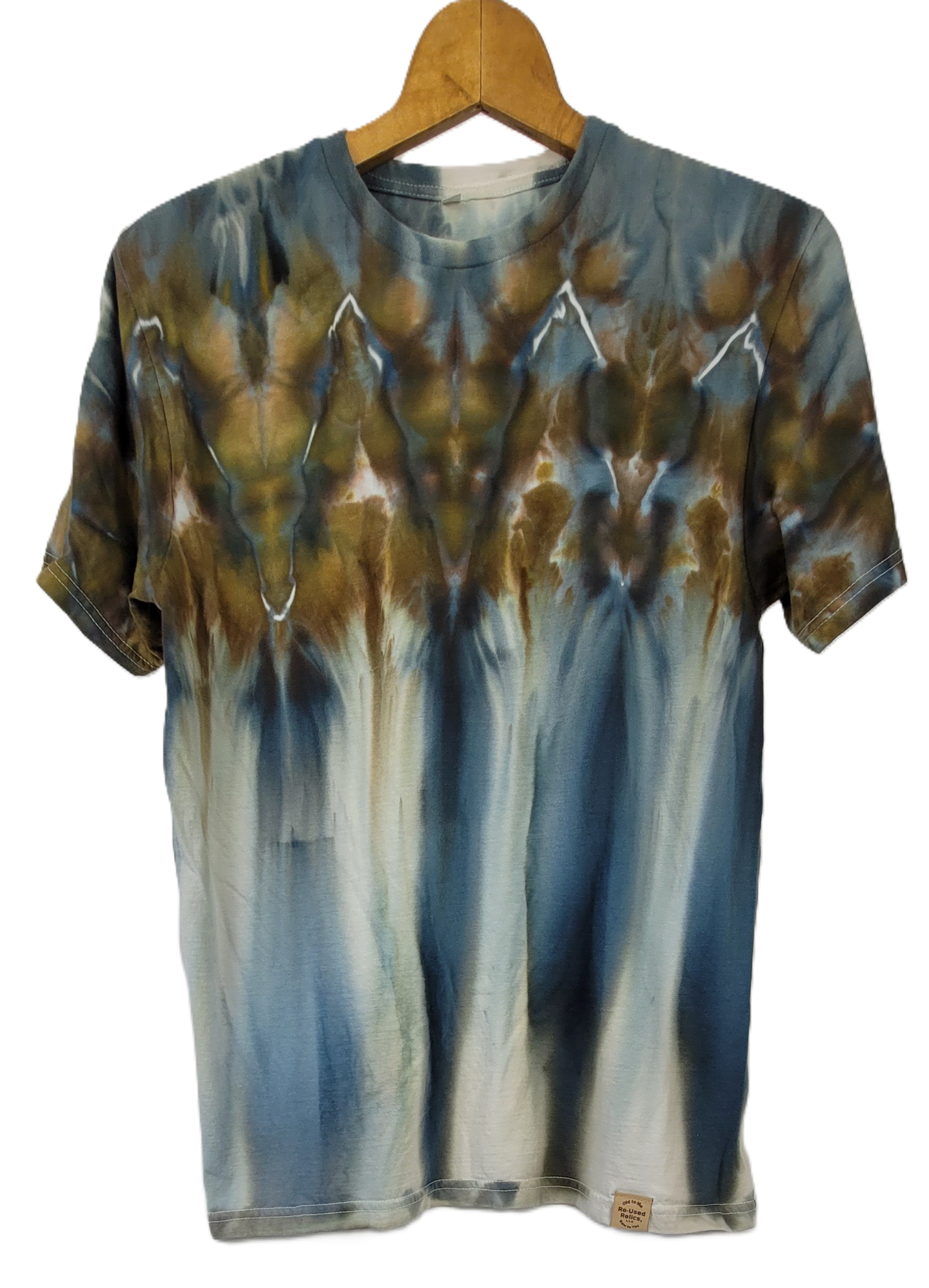 Tie-dye t-shirt on a wooden hanger with a white background