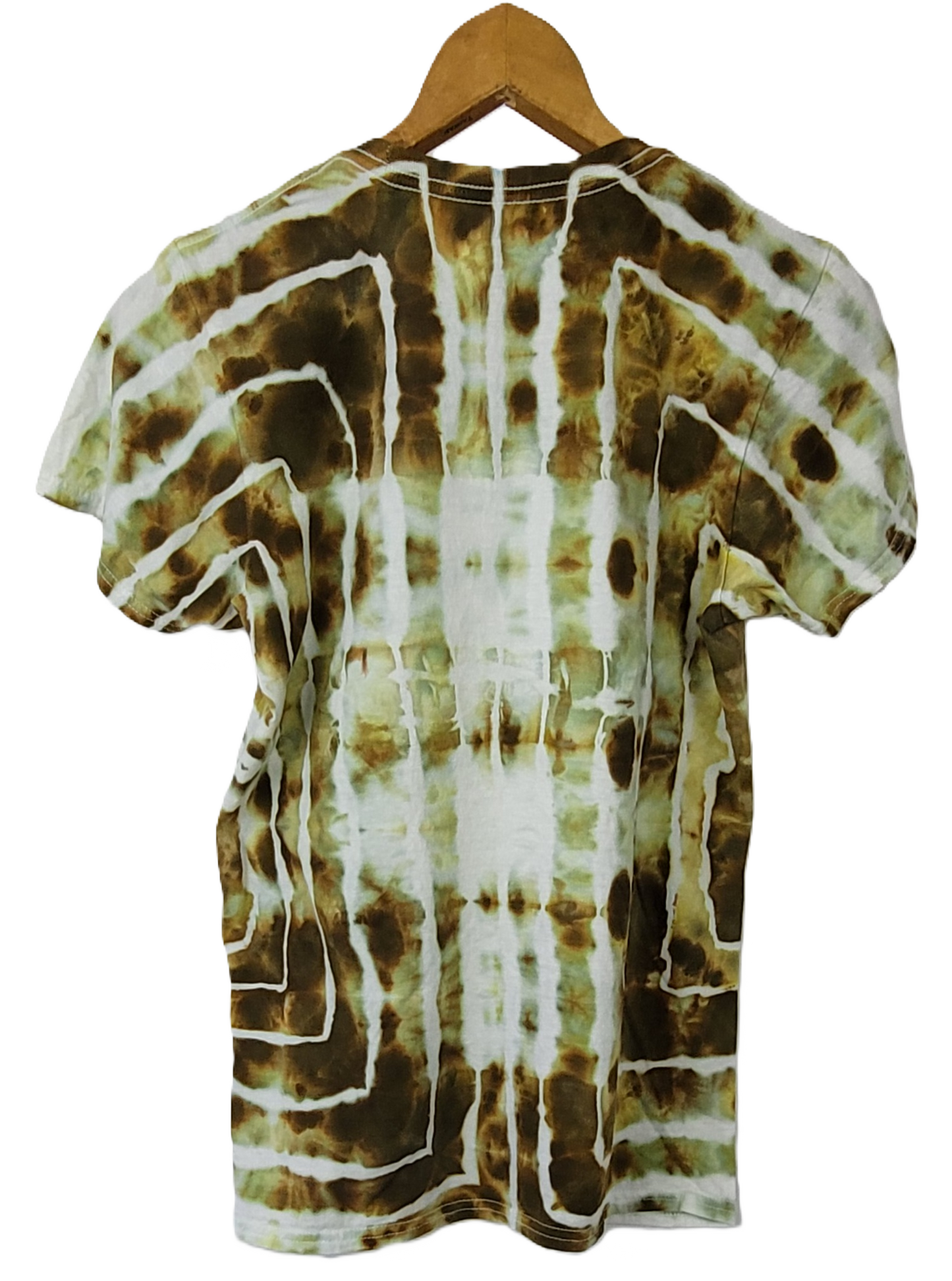 Tie-dye t-shirt with brown and white pattern on a hanger