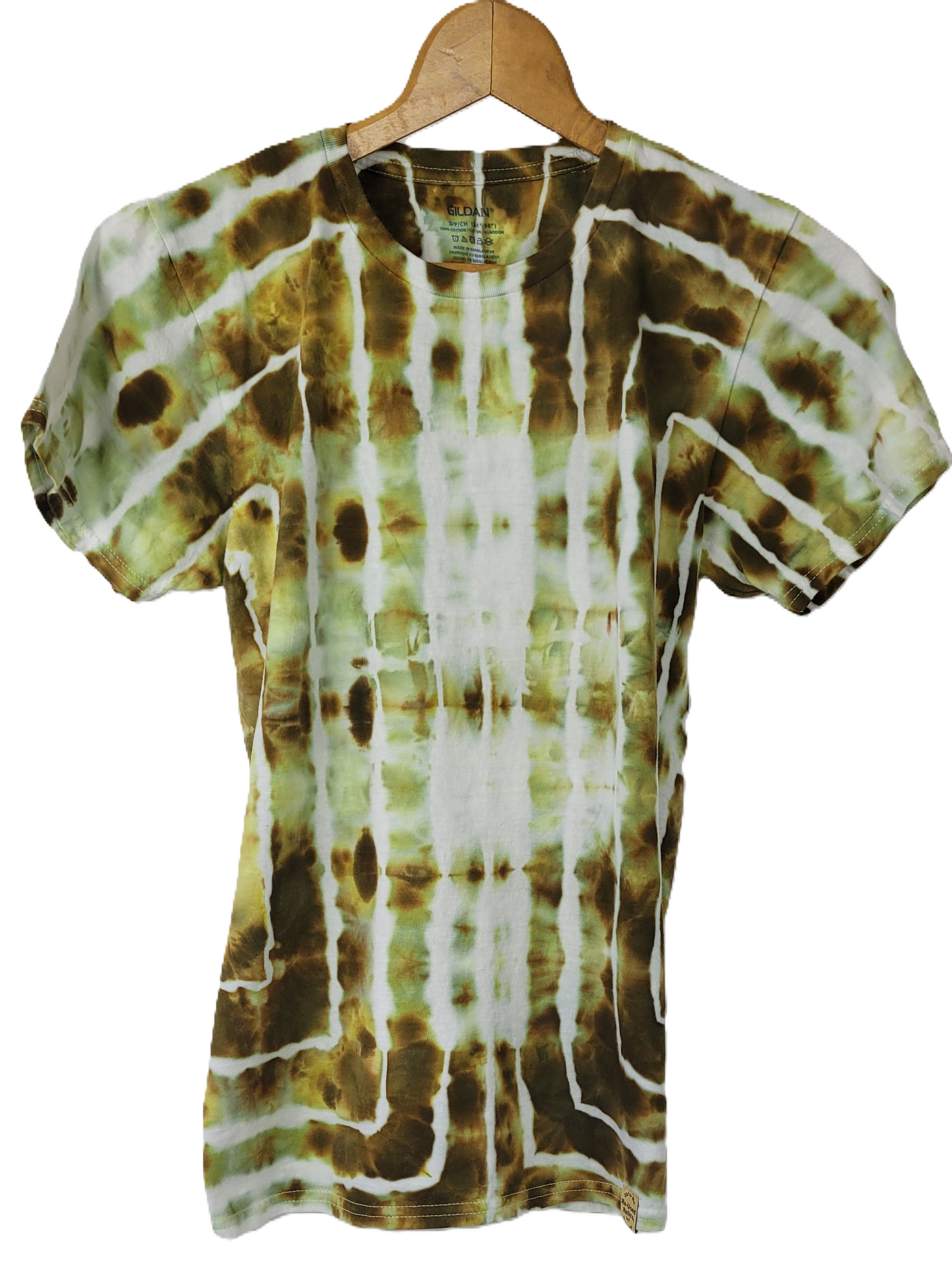 Tie-dye t-shirt with brown and white pattern on a hanger