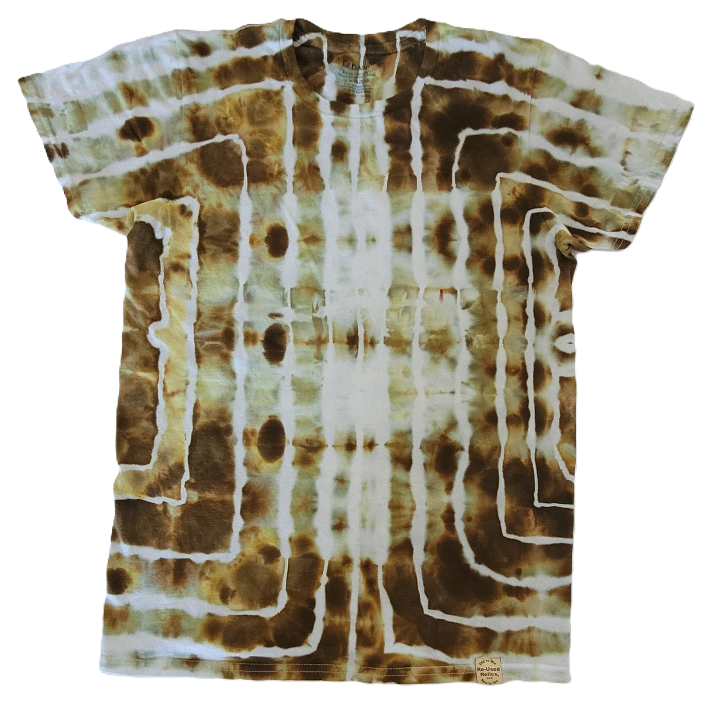 Tie-dye t-shirt with brown and white pattern on a white background