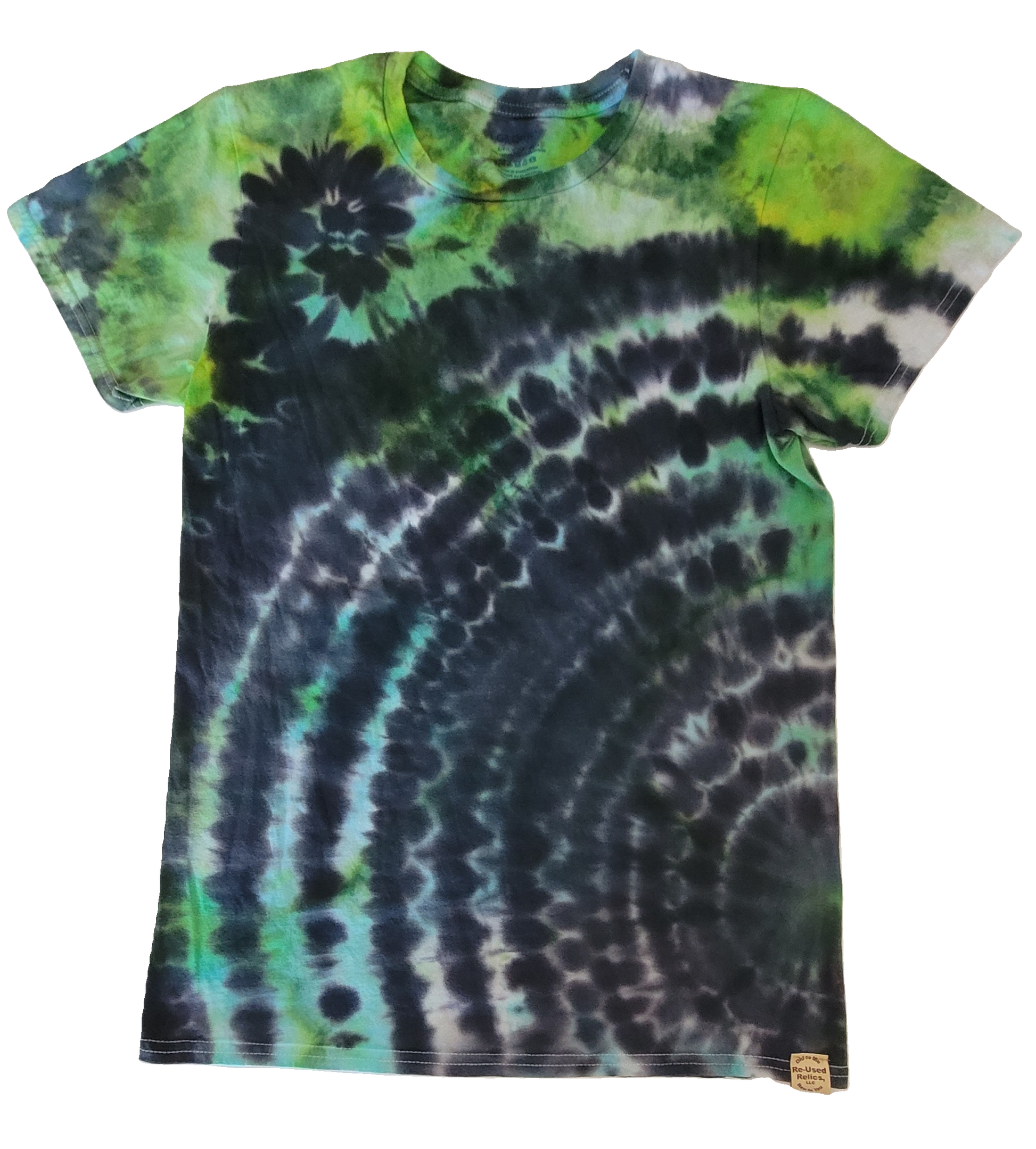 Tie-dye t-shirt with green and black pattern on a white background