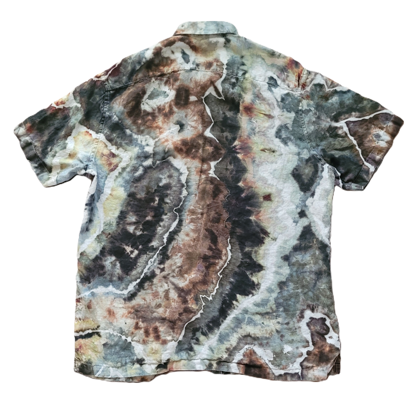 Short-sleeve shirt with a unique, multicolored pattern on a white background
