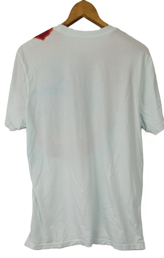White t-shirt on a wooden hanger.