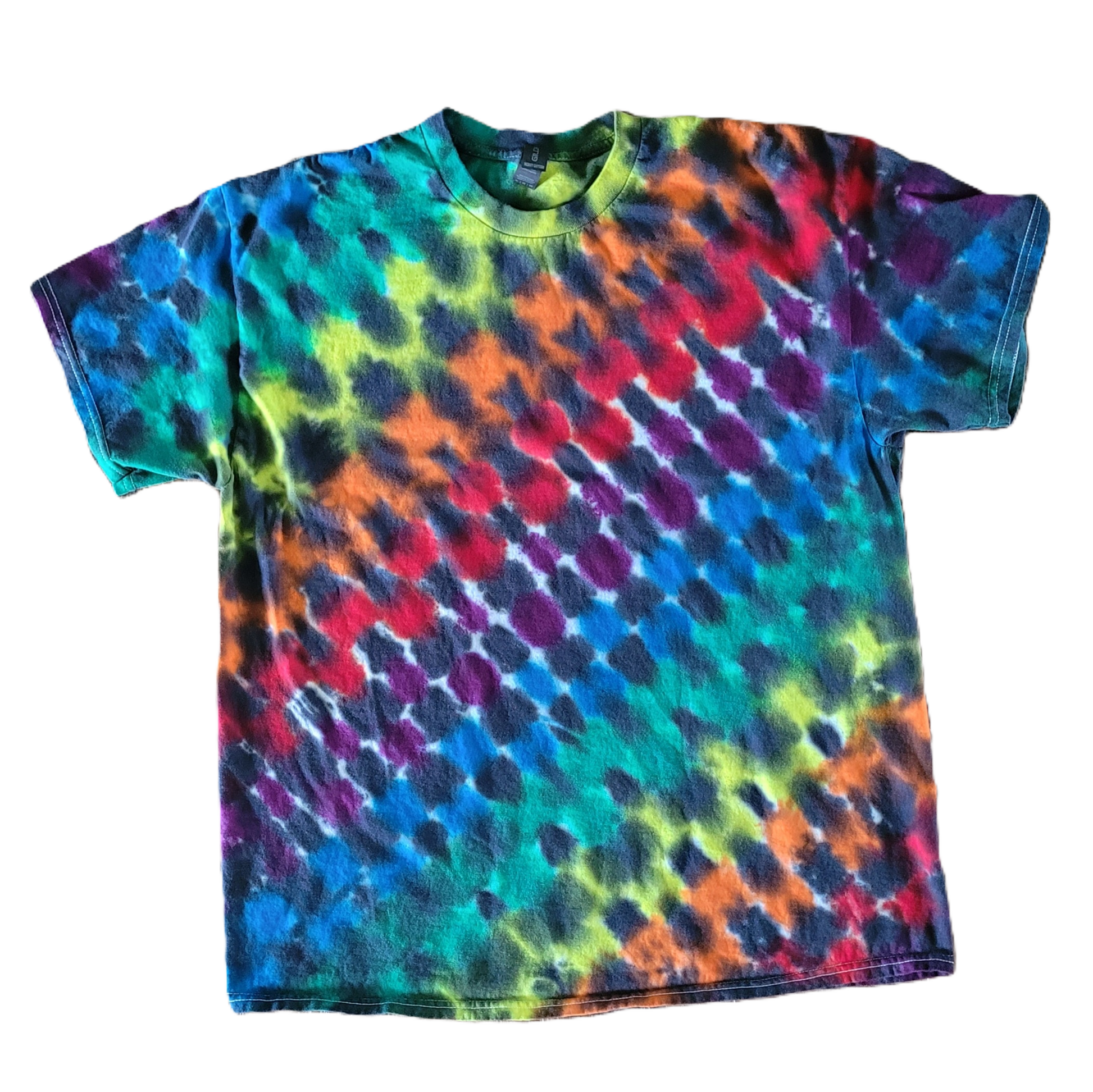 Multicolored tie-dye t-shirt on a white background