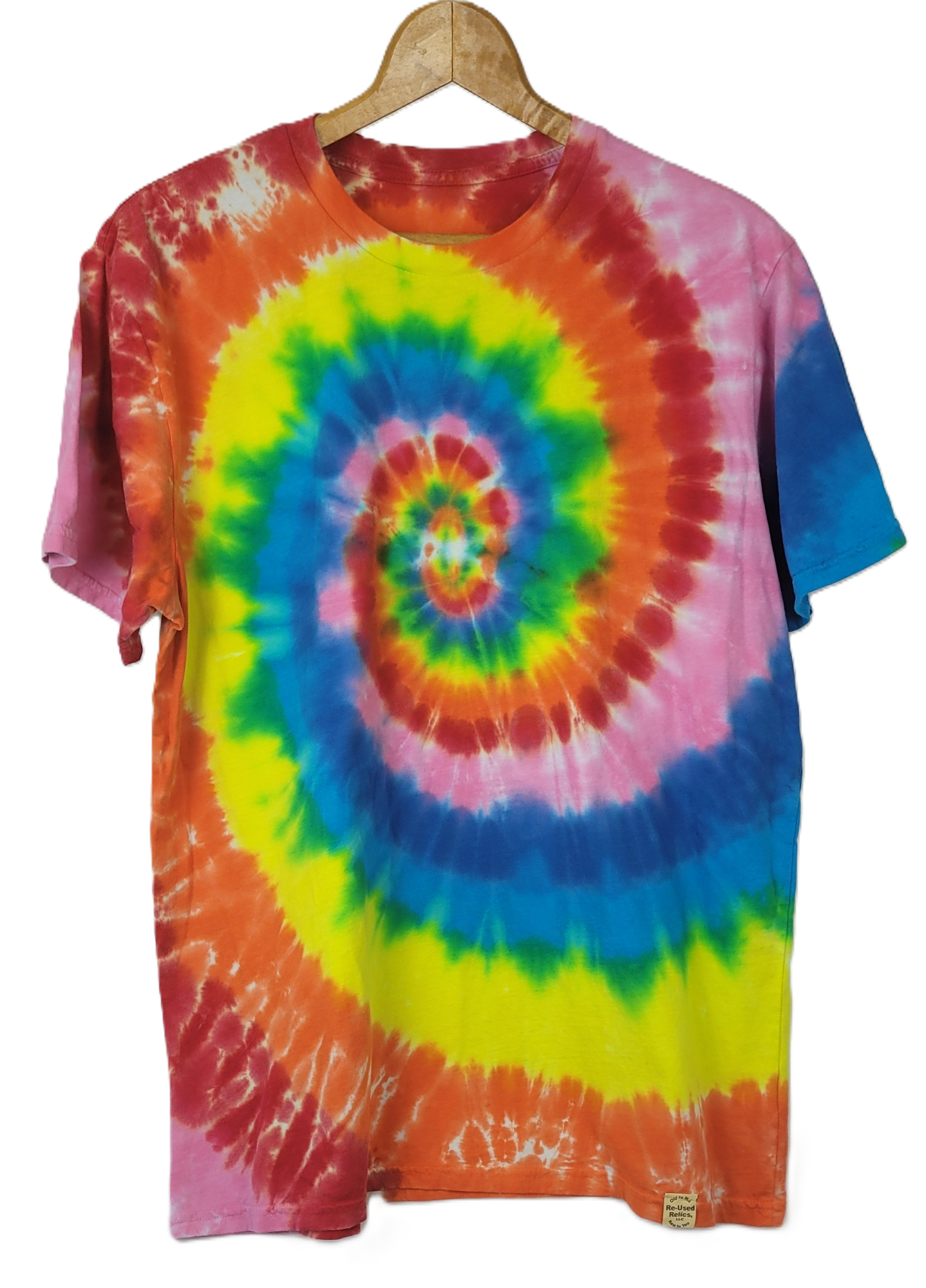 Colorful tie-dye t-shirt on a hanger with a white background