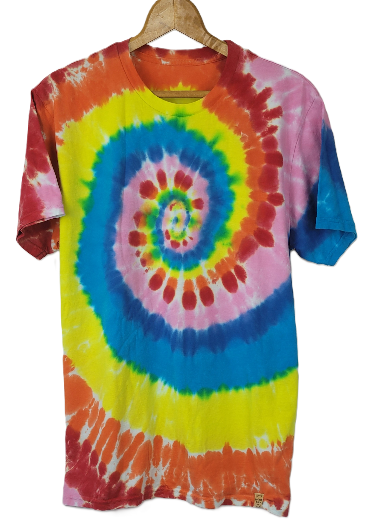 Tie-dye t-shirt with a colorful spiral pattern on a hanger against a white background