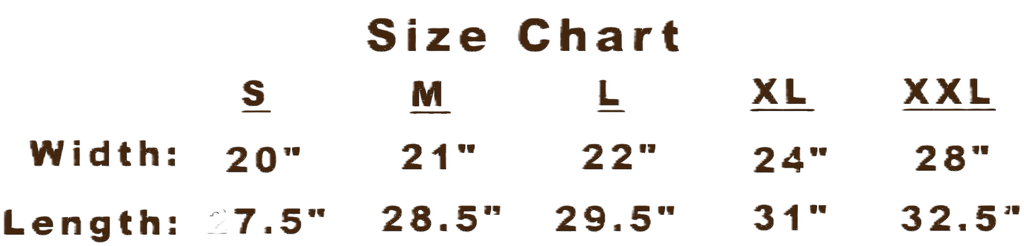 Size chart for width and length with measurements in inches