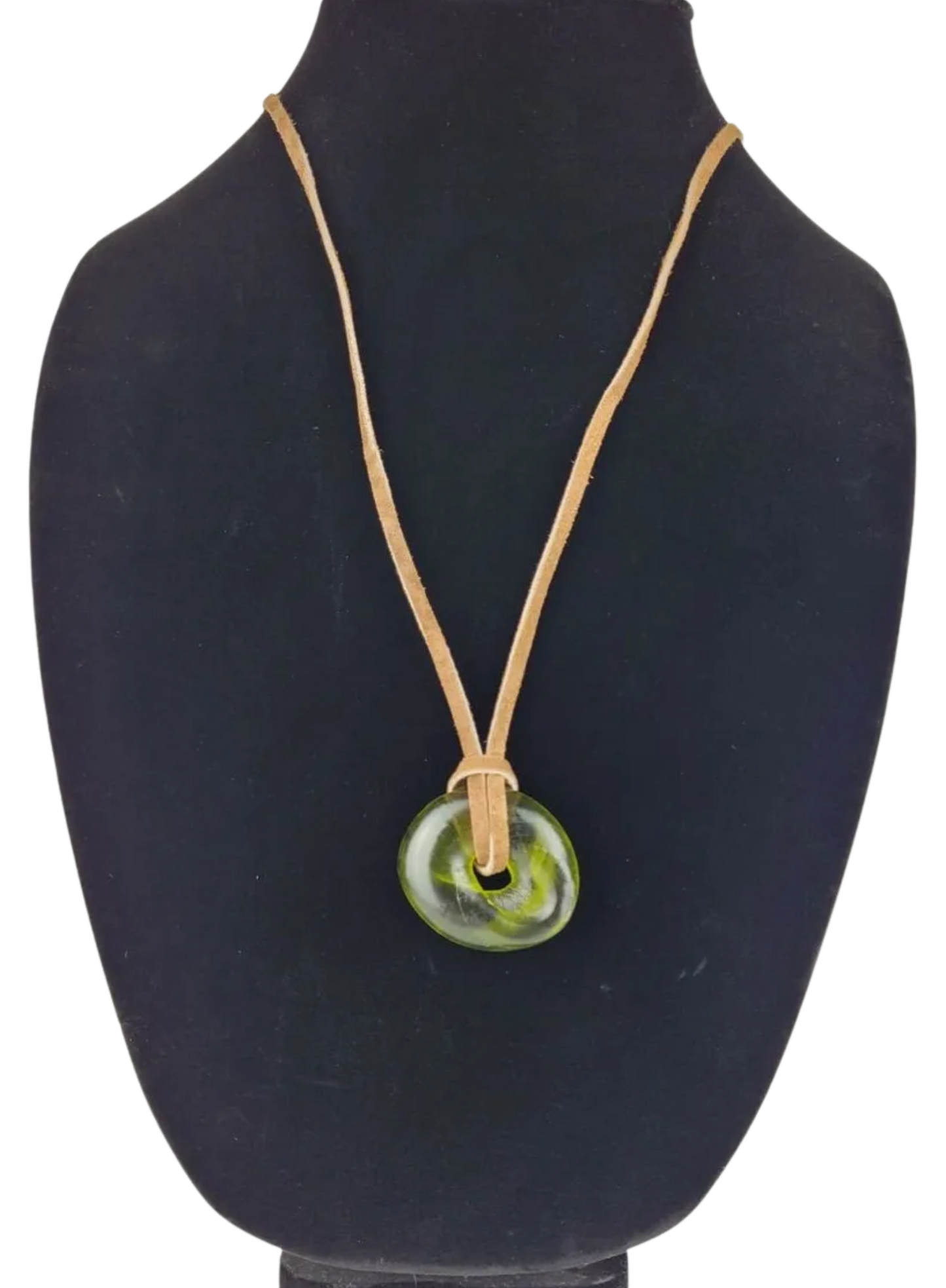 Necklace with a green pendant on a black mannequin bust