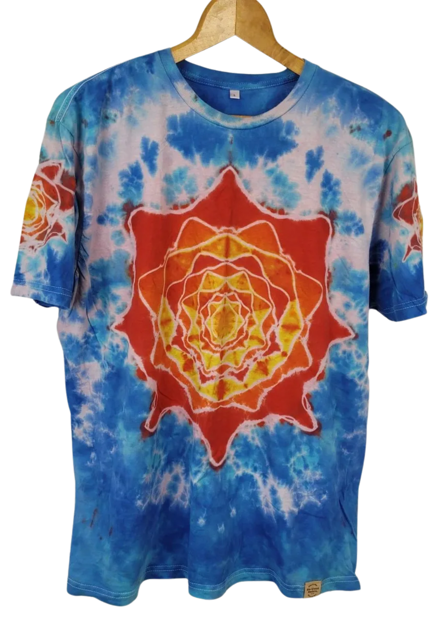 Tie-dye t-shirt with a red and yellow geometric design on a white background