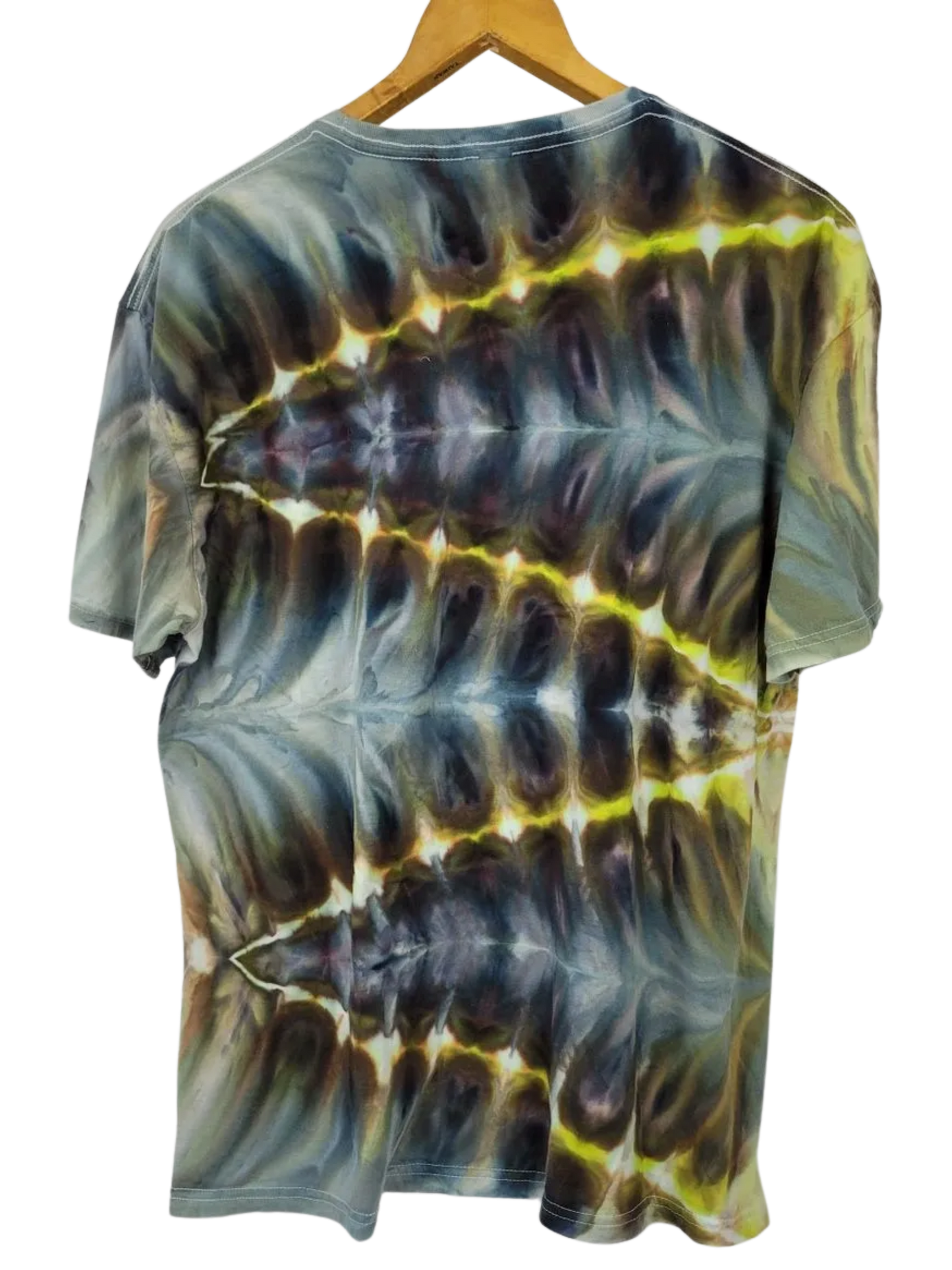 Tie-dye t-shirt on a hanger with a white background