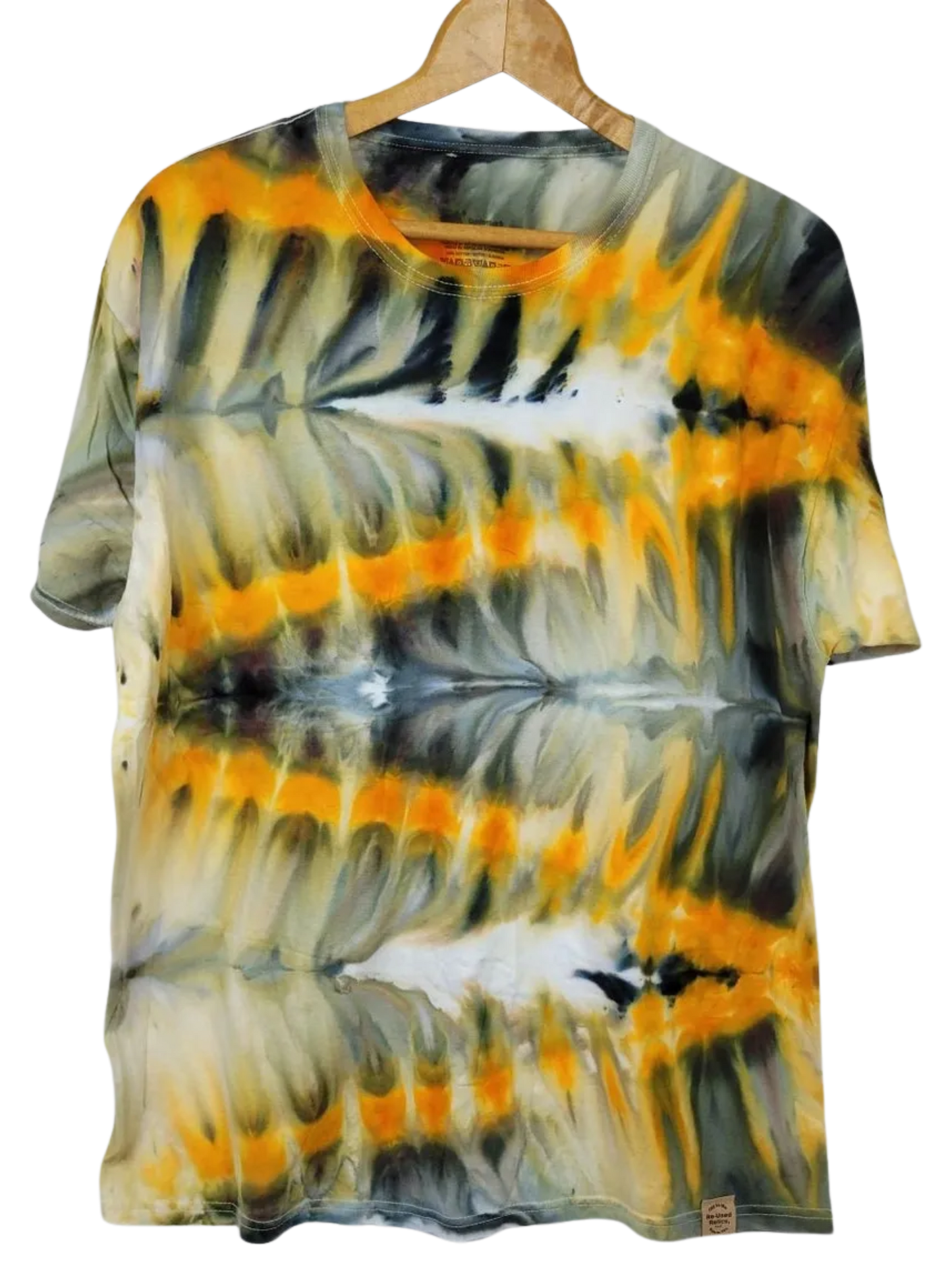Tie-dye t-shirt with orange, black, and gray pattern on a hanger