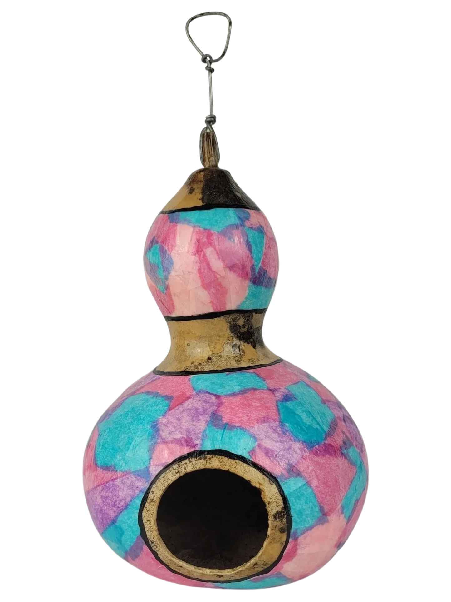 Decorative gourd birdhouse with tie-dye pattern on a white background