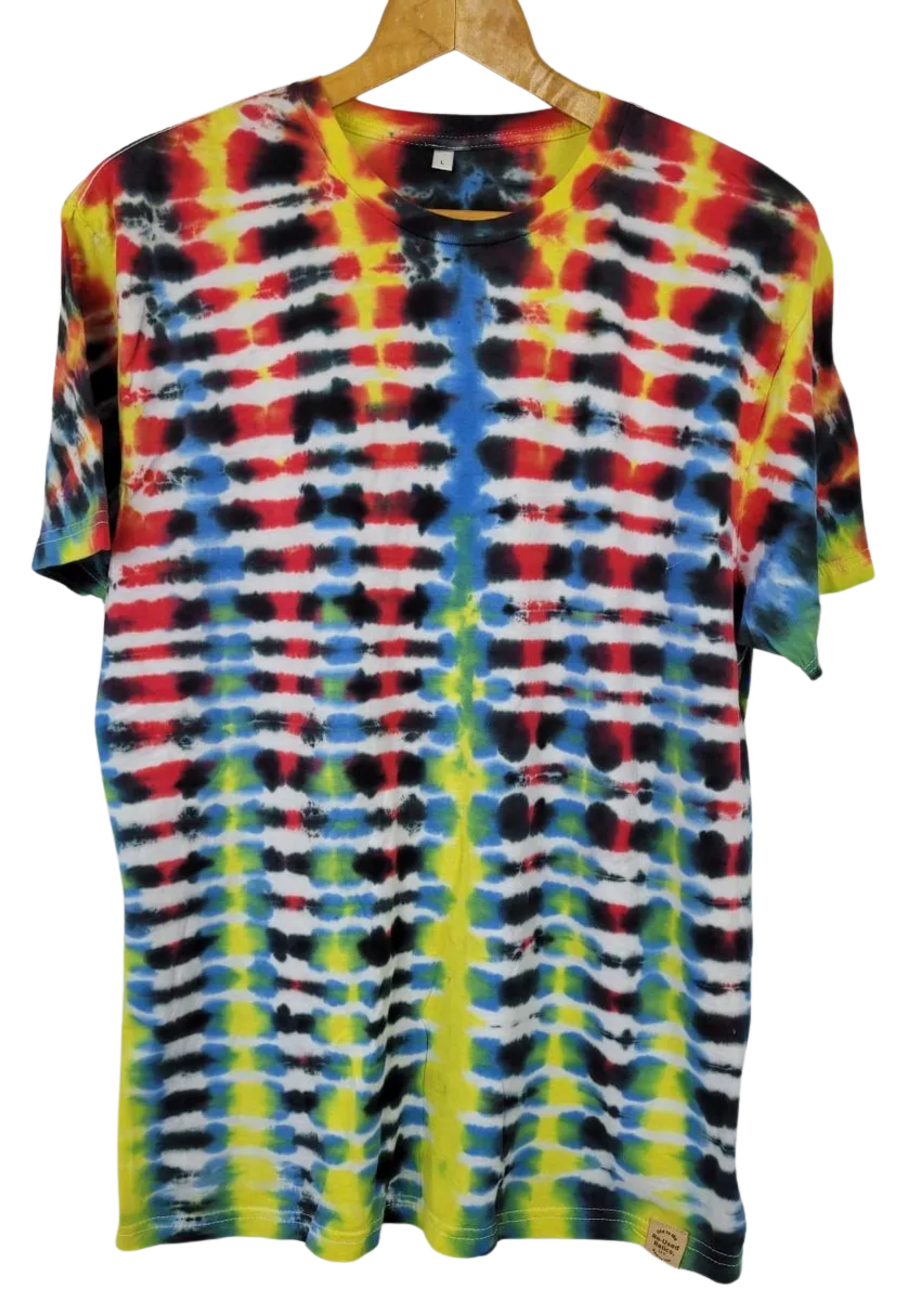 Multicolored tie-dye t-shirt on a hanger against a white background