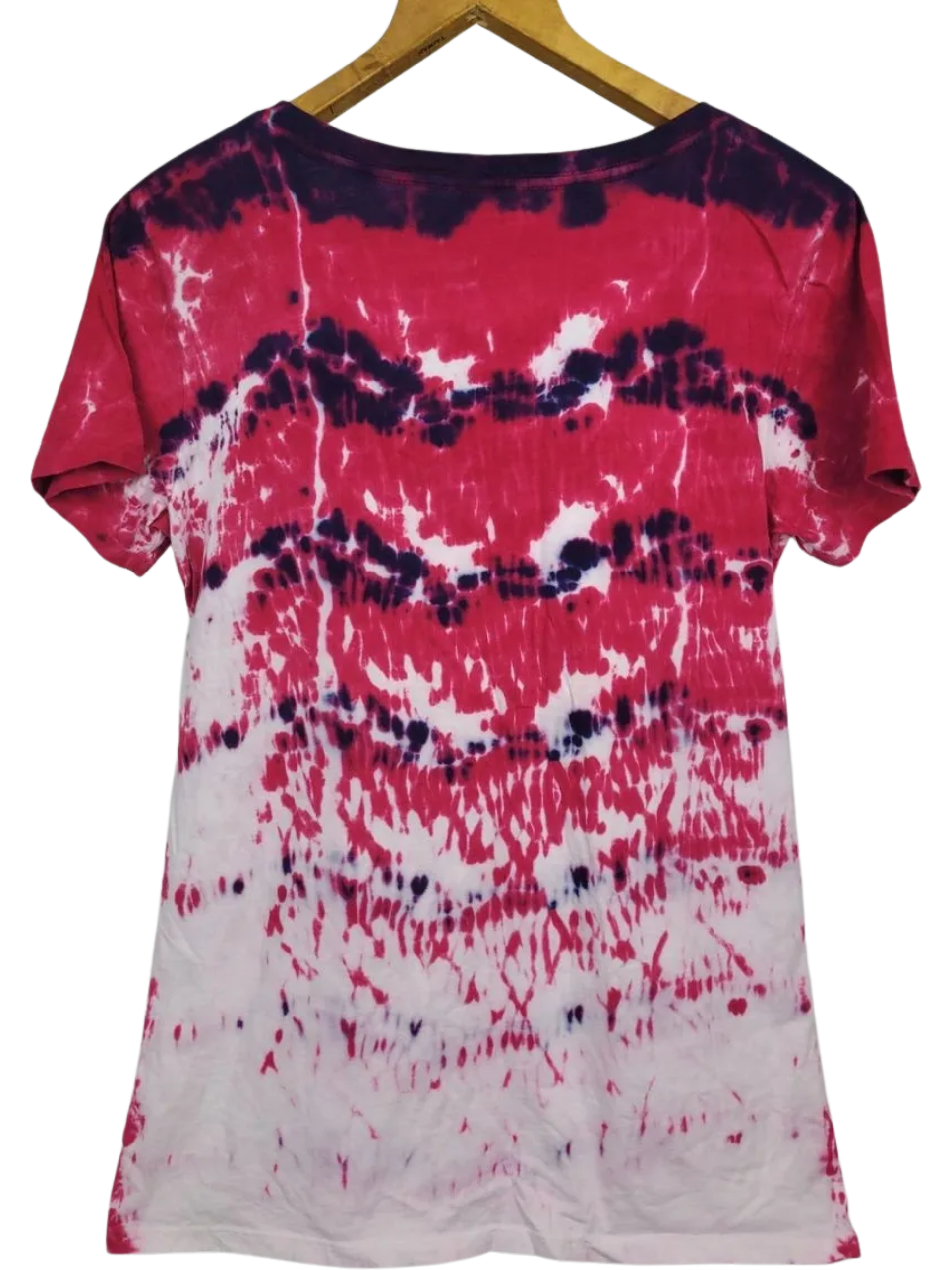 Tie-dye t-shirt with pink and white patterns on a hanger