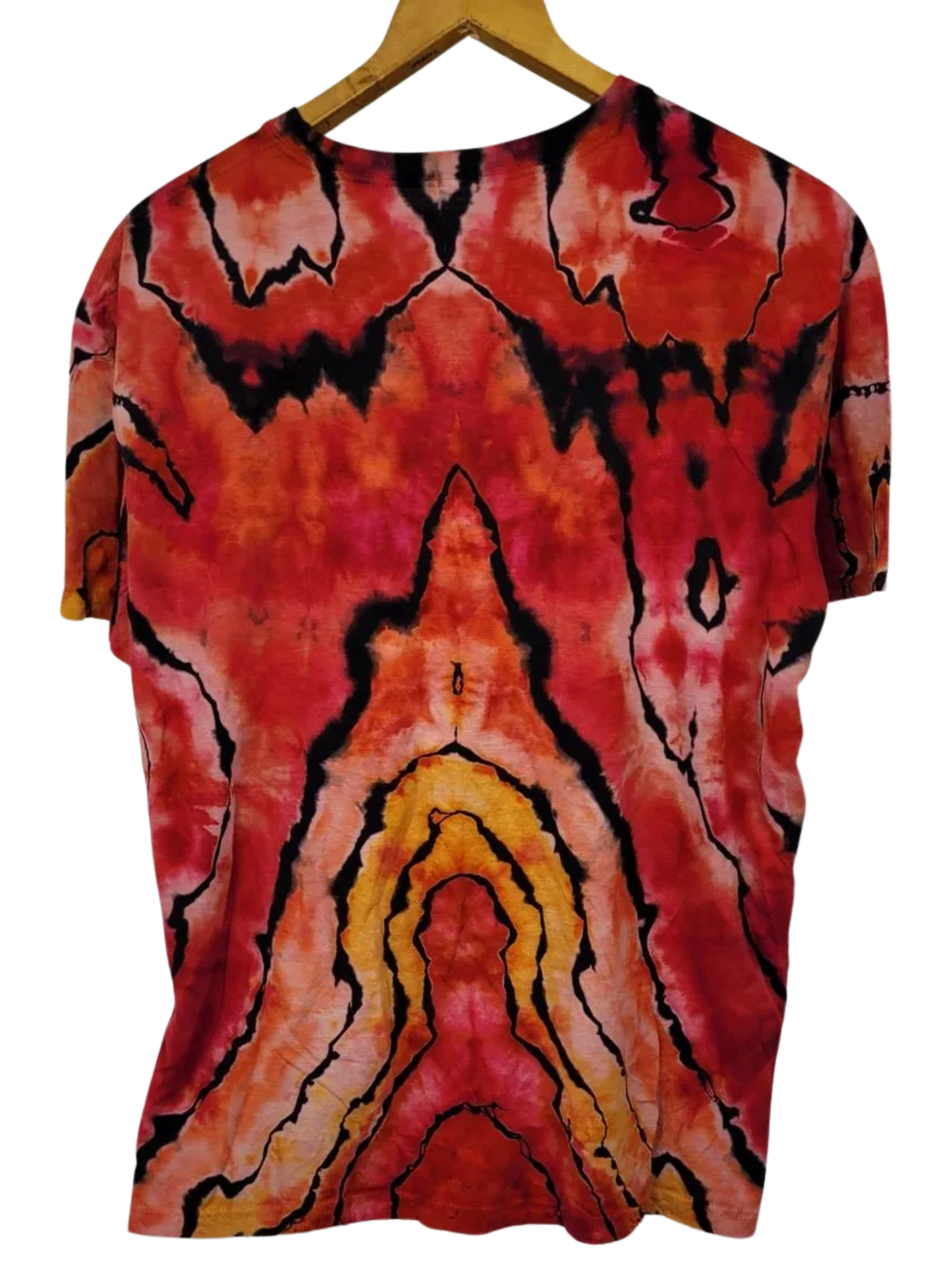 Tie-dye t-shirt with red, orange, and black pattern on a hanger