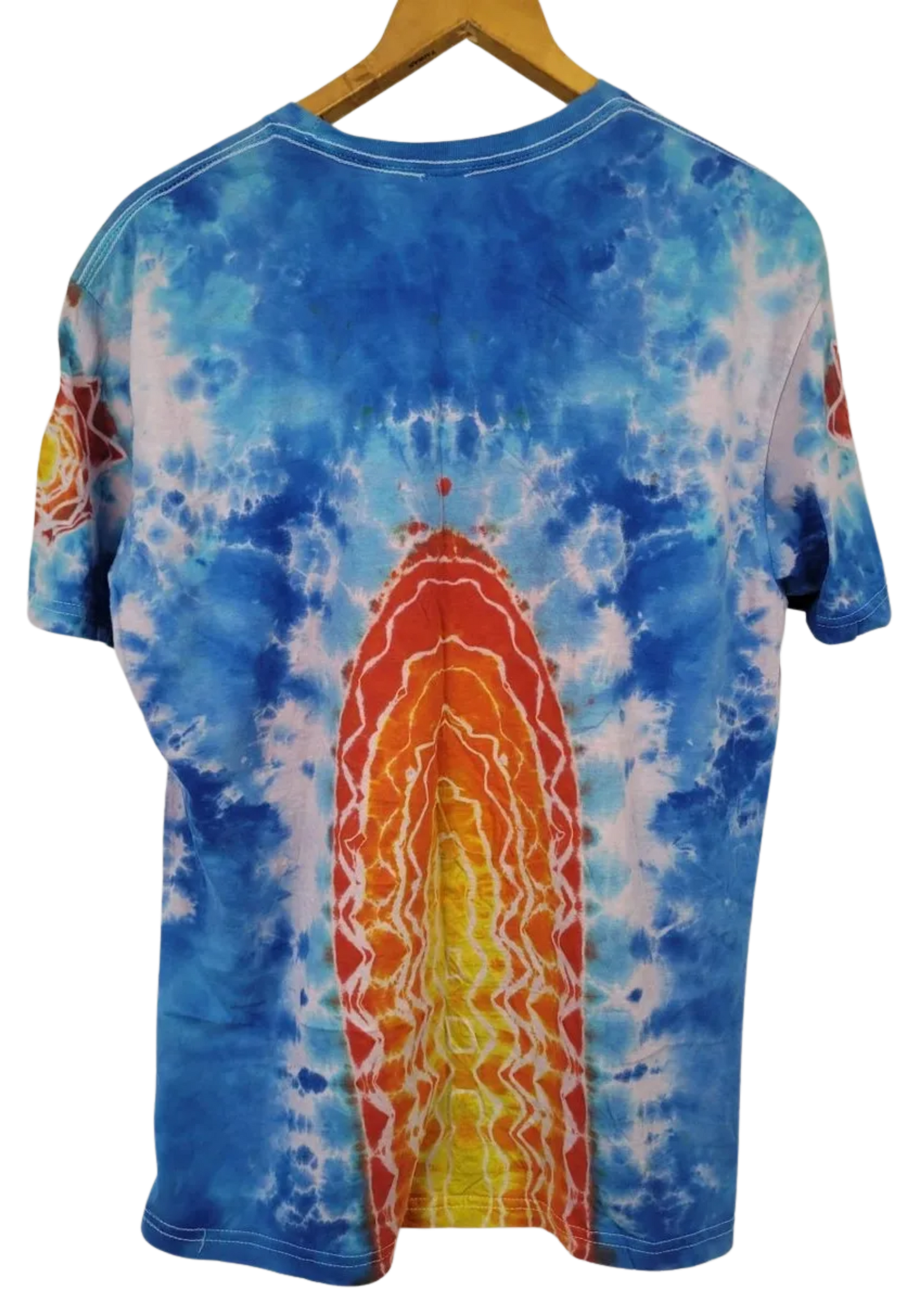 Tie-dye t-shirt with a colorful design on a white background