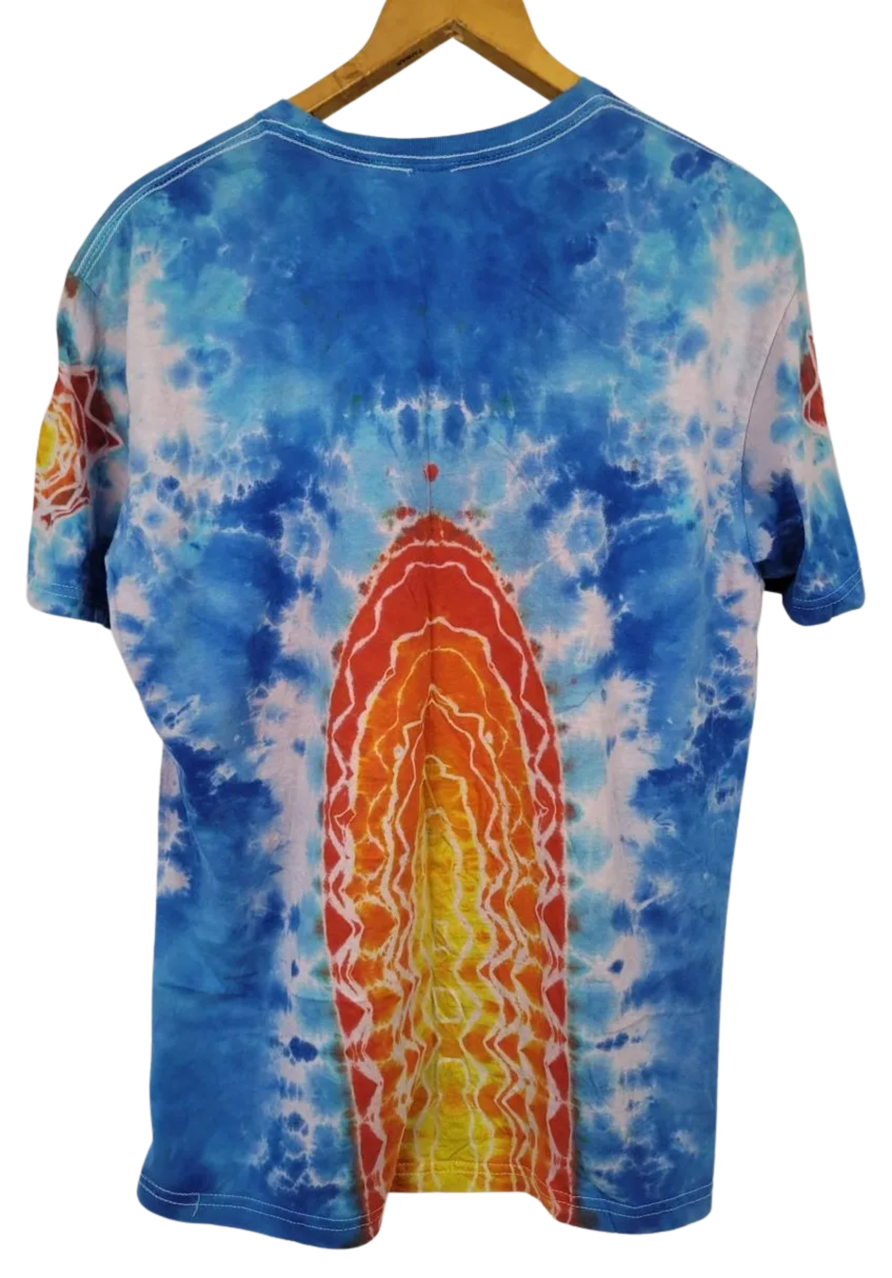 Tie-dye t-shirt with a colorful design on a white background