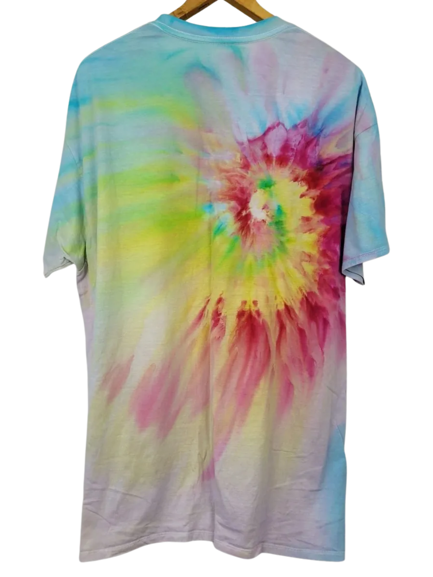 Tie-dye t-shirt with a colorful spiral pattern on a white background
