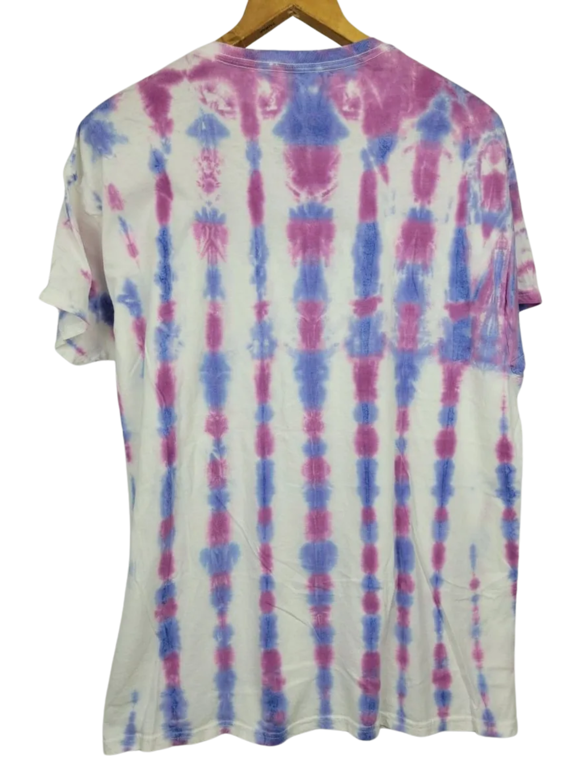Tie-dye t-shirt with pink and blue patterns on a white background