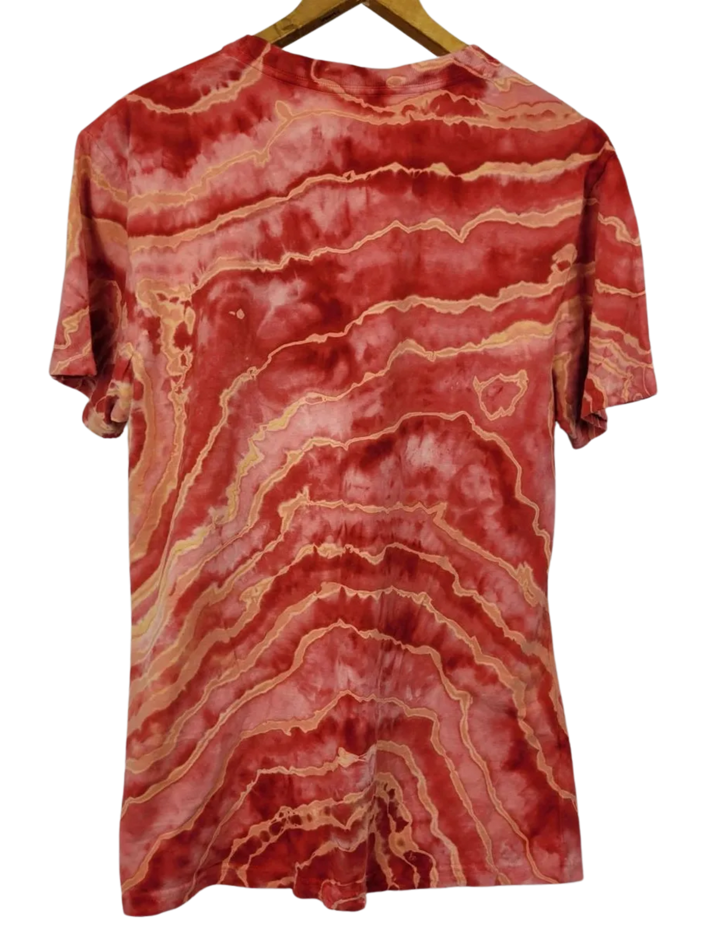 Red and orange tie-dye t-shirt on a hanger against a white background