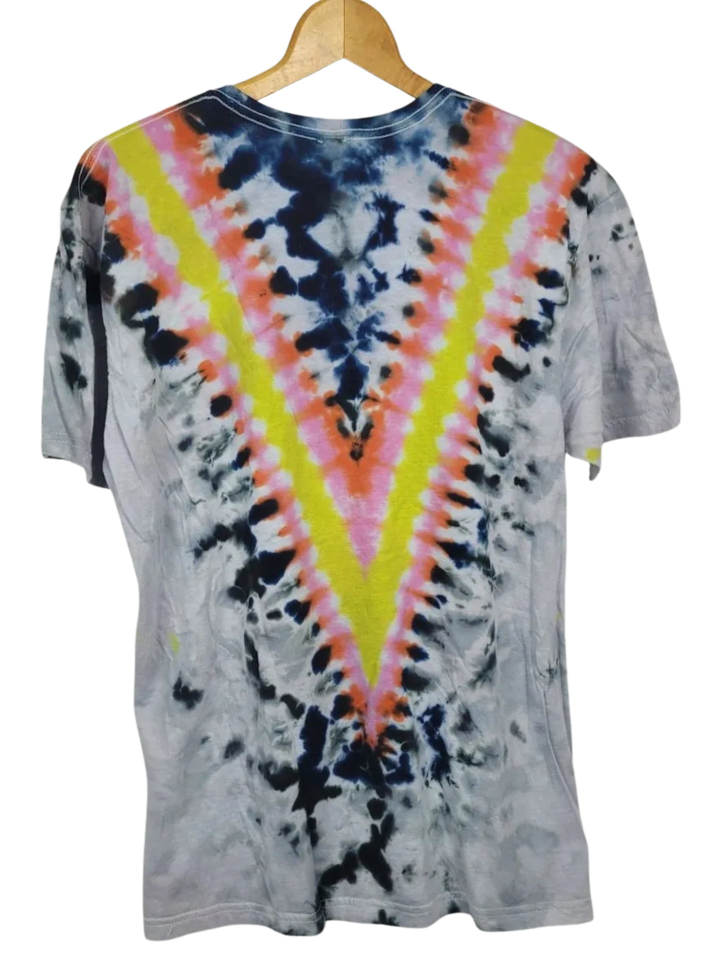 Tie-dye t-shirt with a V-shaped pattern on a hanger against a white background