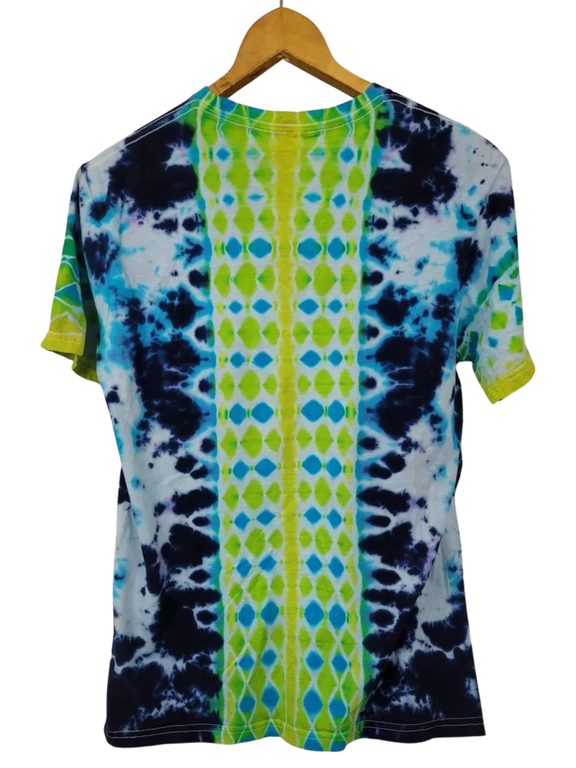 Tie-dye t-shirt with geometric pattern on a hanger