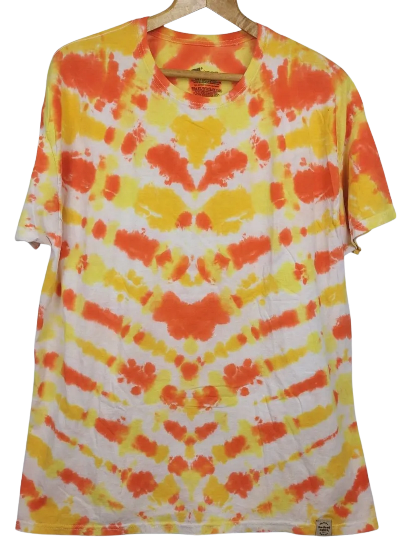 Tie-dye t-shirt with orange and yellow pattern on a white background