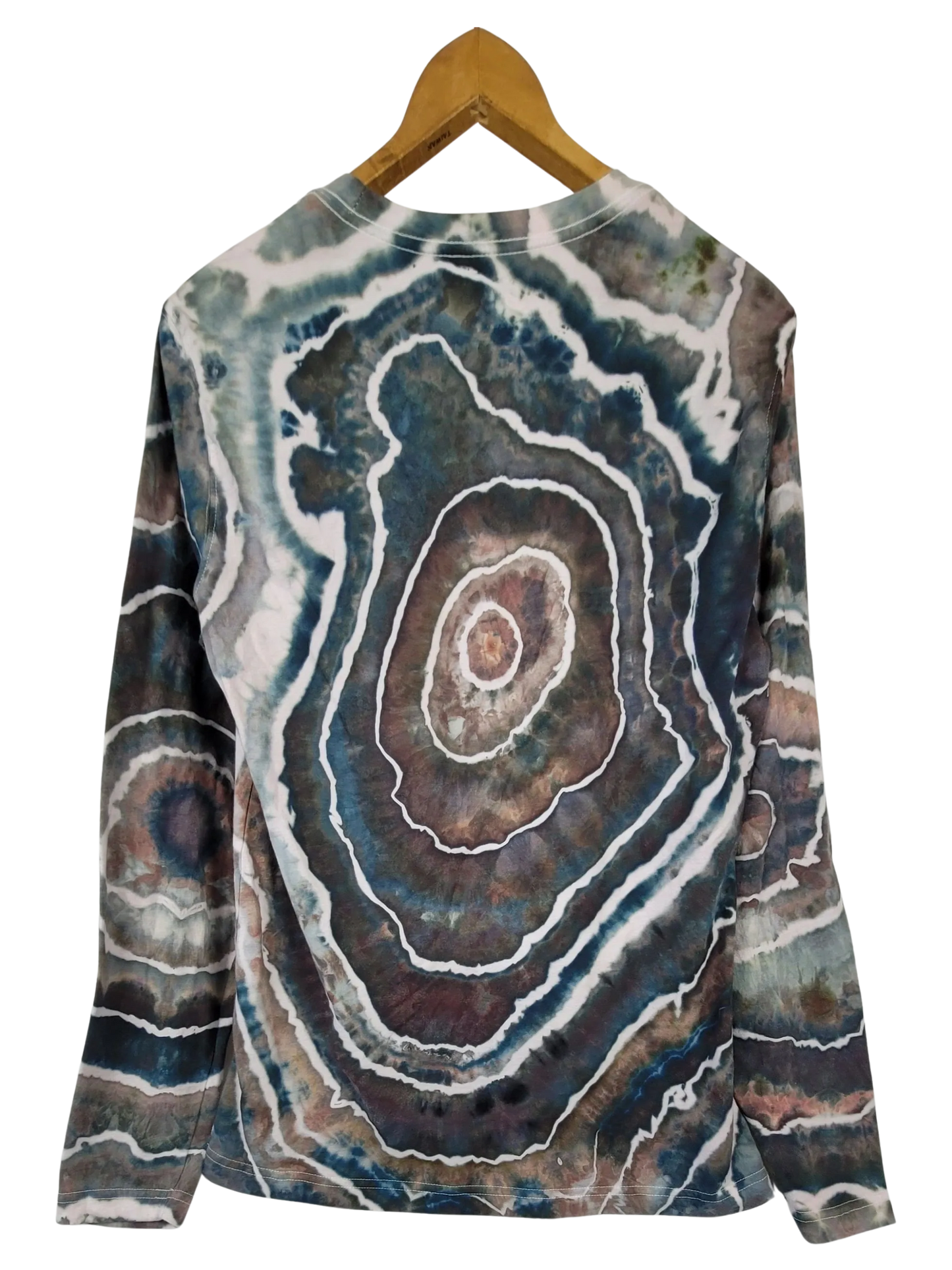 Sweatshirt with geode pattern on a hanger against a white background