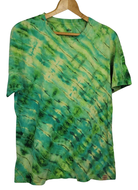 Green tie-dye t-shirt on a hanger against a white background