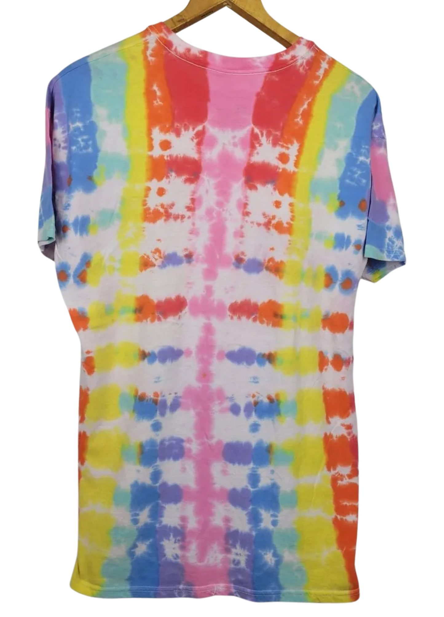 Colorful tie-dye t-shirt on a hanger with a white background