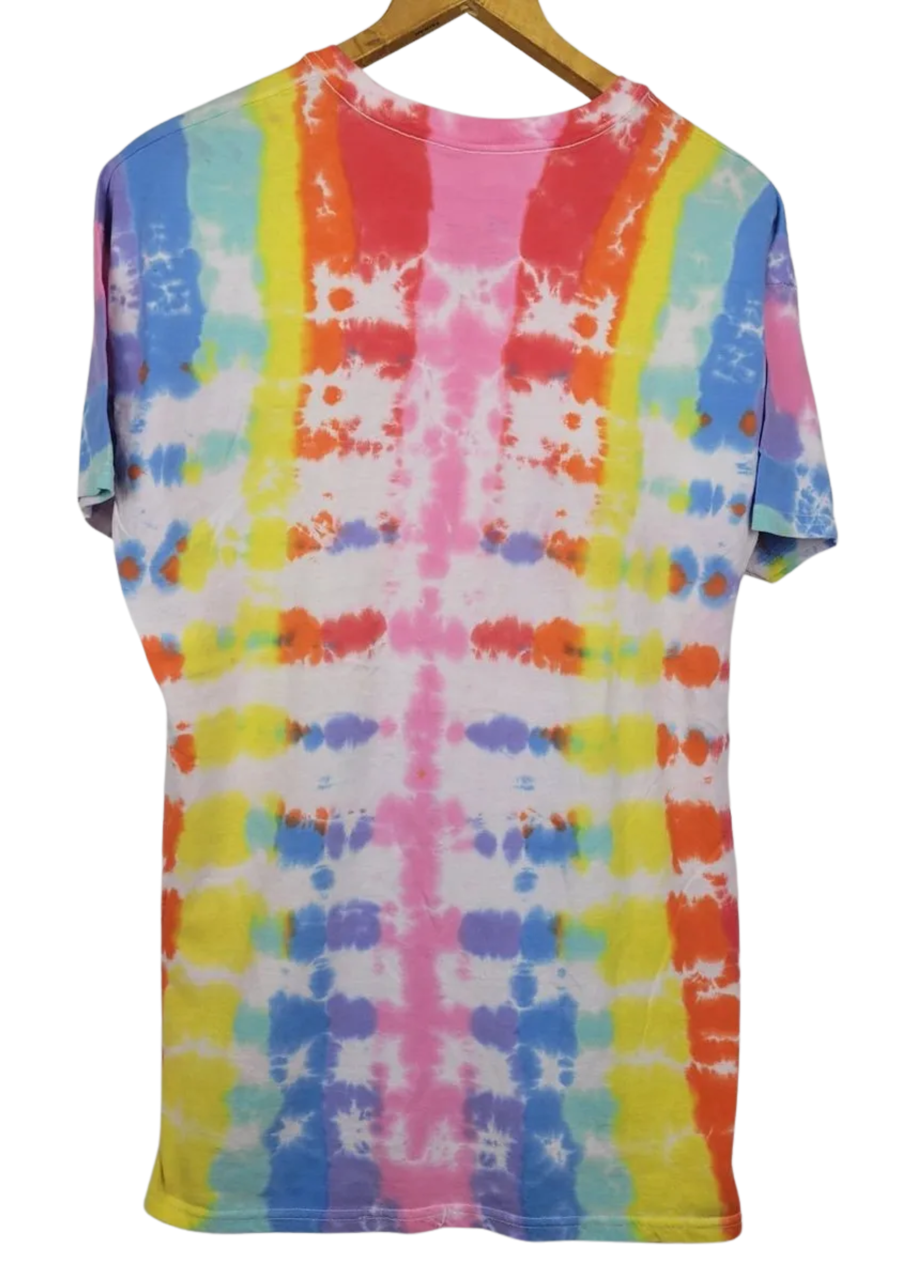 Colorful tie-dye t-shirt on a hanger with a white background