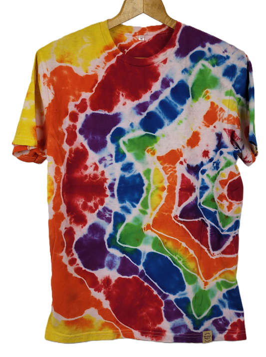 Colorful tie-dye t-shirt on a white background