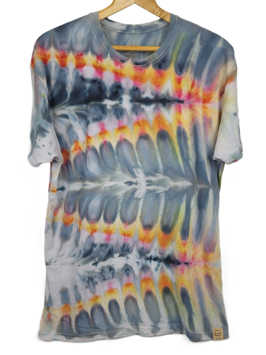 Tie-dye t-shirt with multicolor pattern on a white background