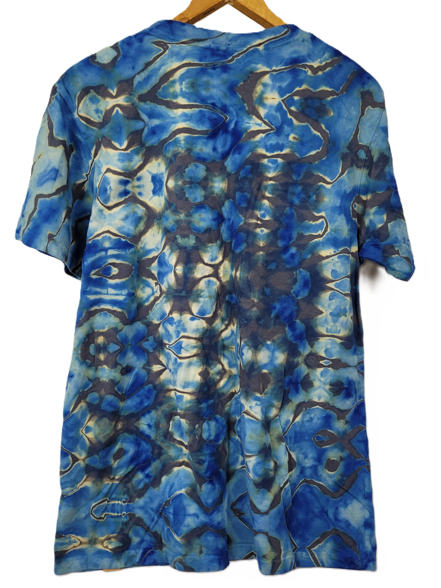 Blue and gray tie-dye shirt on a hanger against a white background