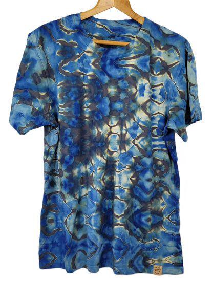 Upcycled Reversed Grey to Blue Glitch Tie-Dye T-Shirt - Adult, Unisex, Size L