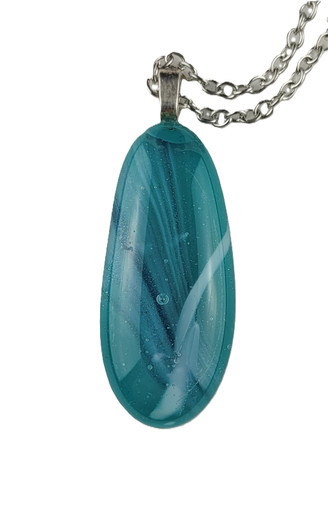 Teal pendant necklace on a white background