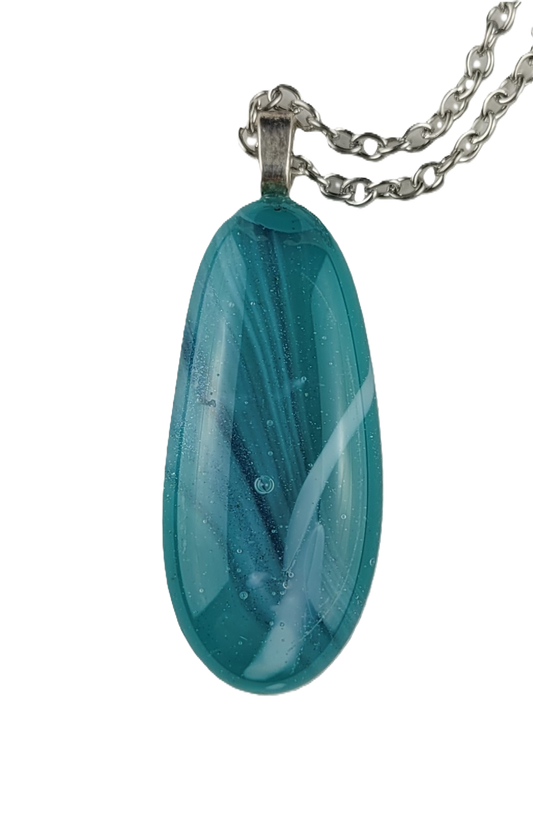 Teal pendant necklace on a white background