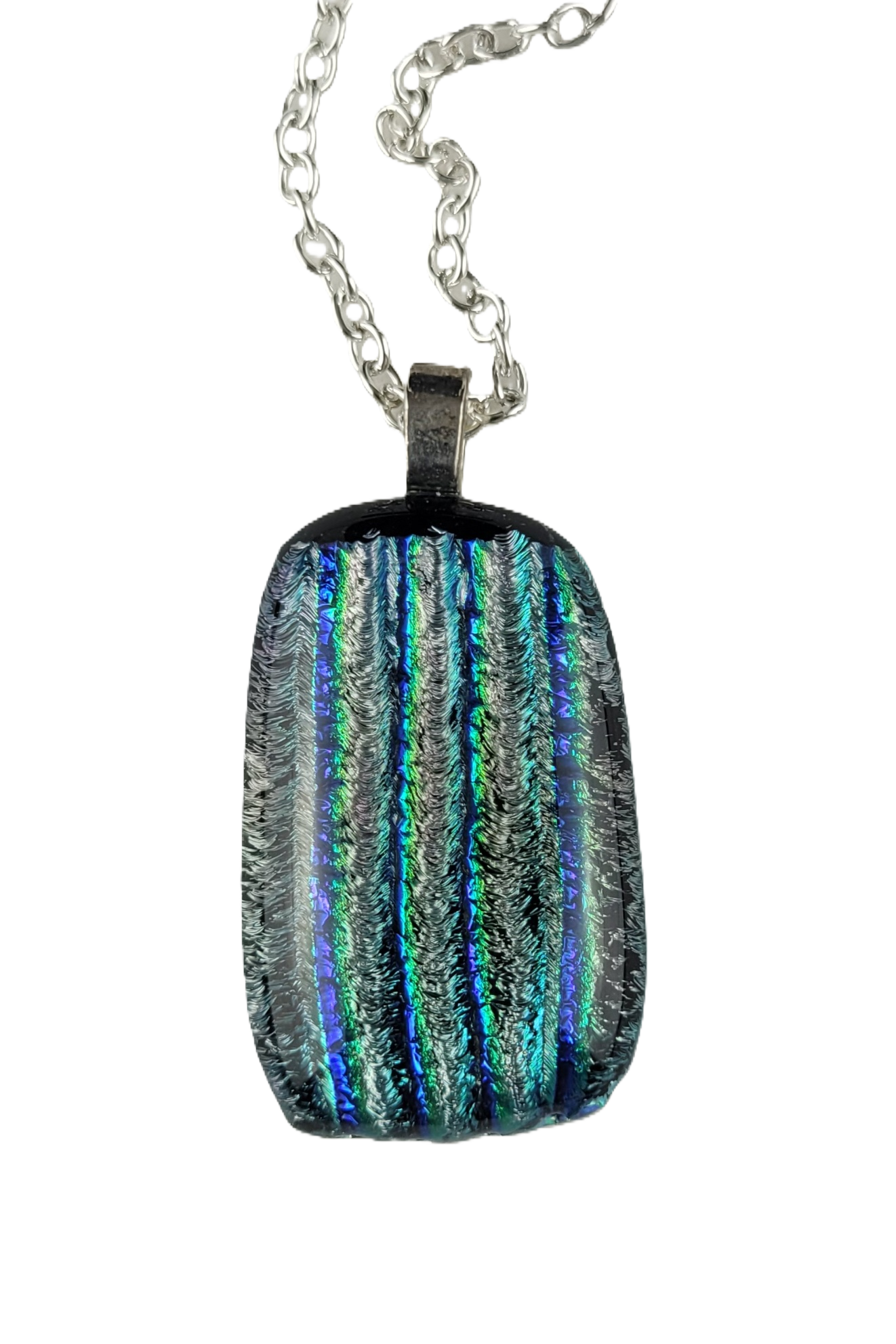 Necklace with a rectangular pendant featuring blue and green stripes on a white background