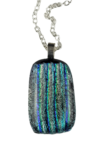 Necklace with a rectangular pendant featuring blue and green stripes on a white background